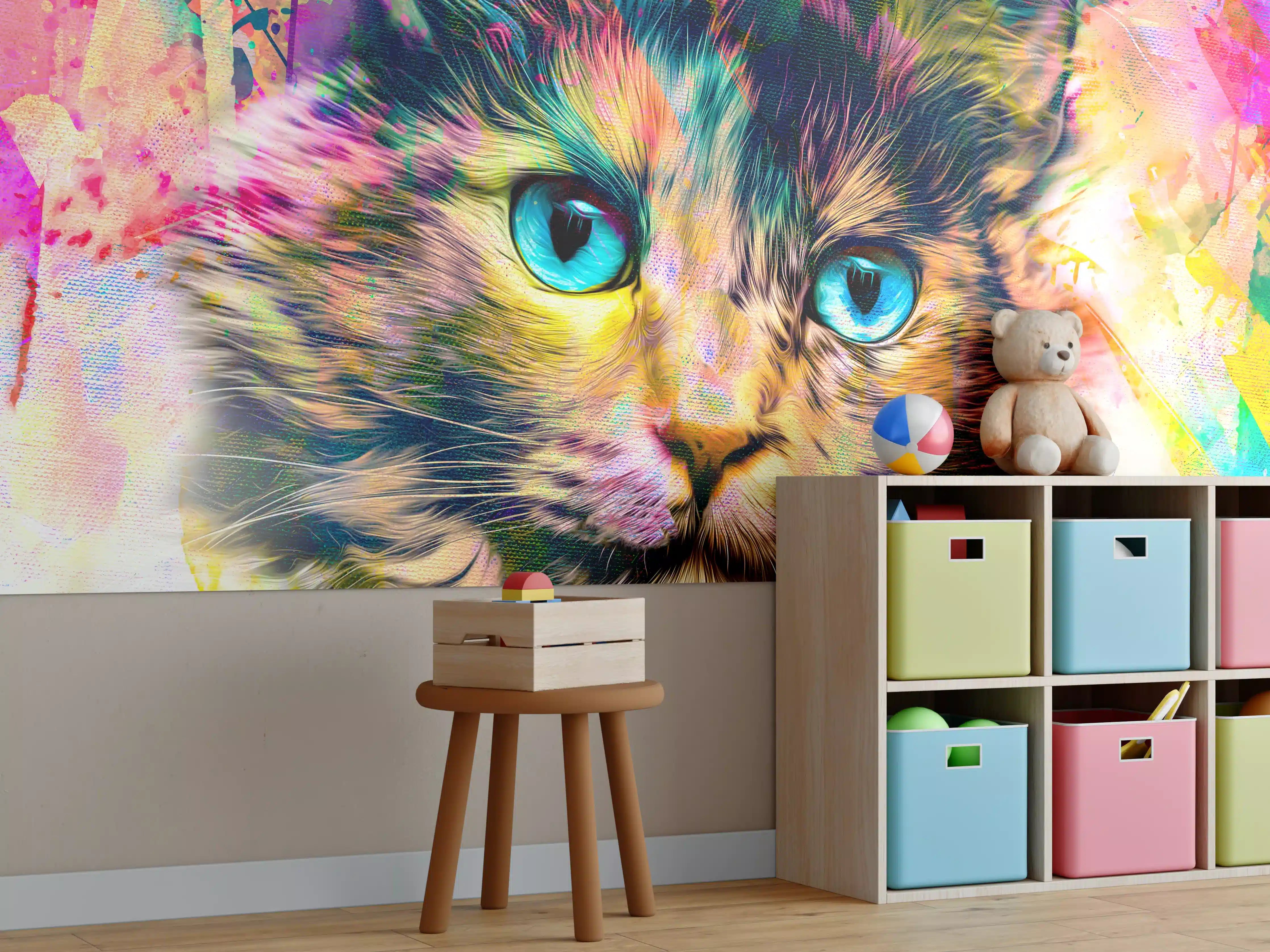 Kinderzimmer Wandgestaltung - Bunter Katzenkopf mit abstrakten Elementen