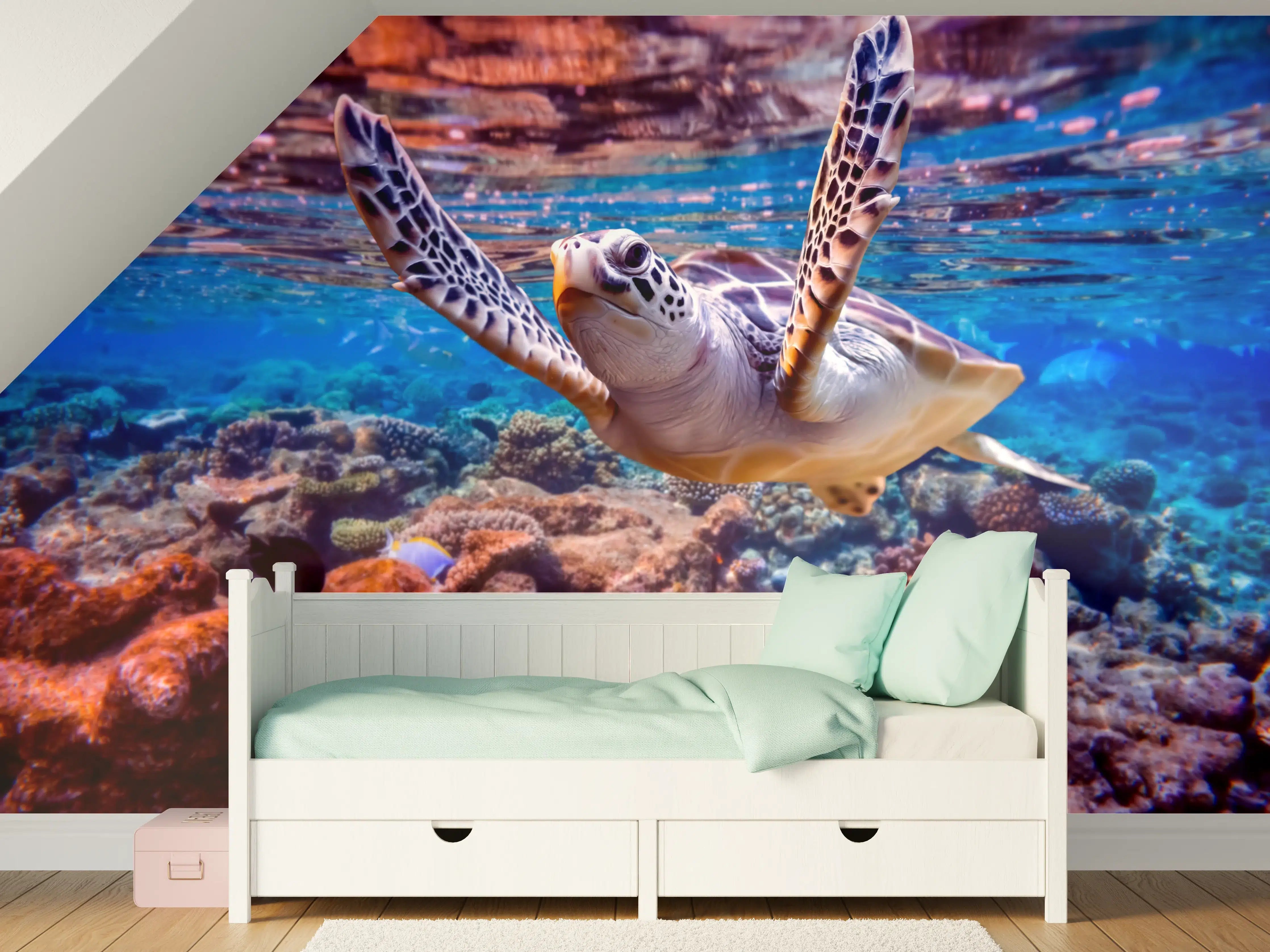 Kinderzimmer Wandgestaltung - Bunter Meeresschildkröte beim Tauchen