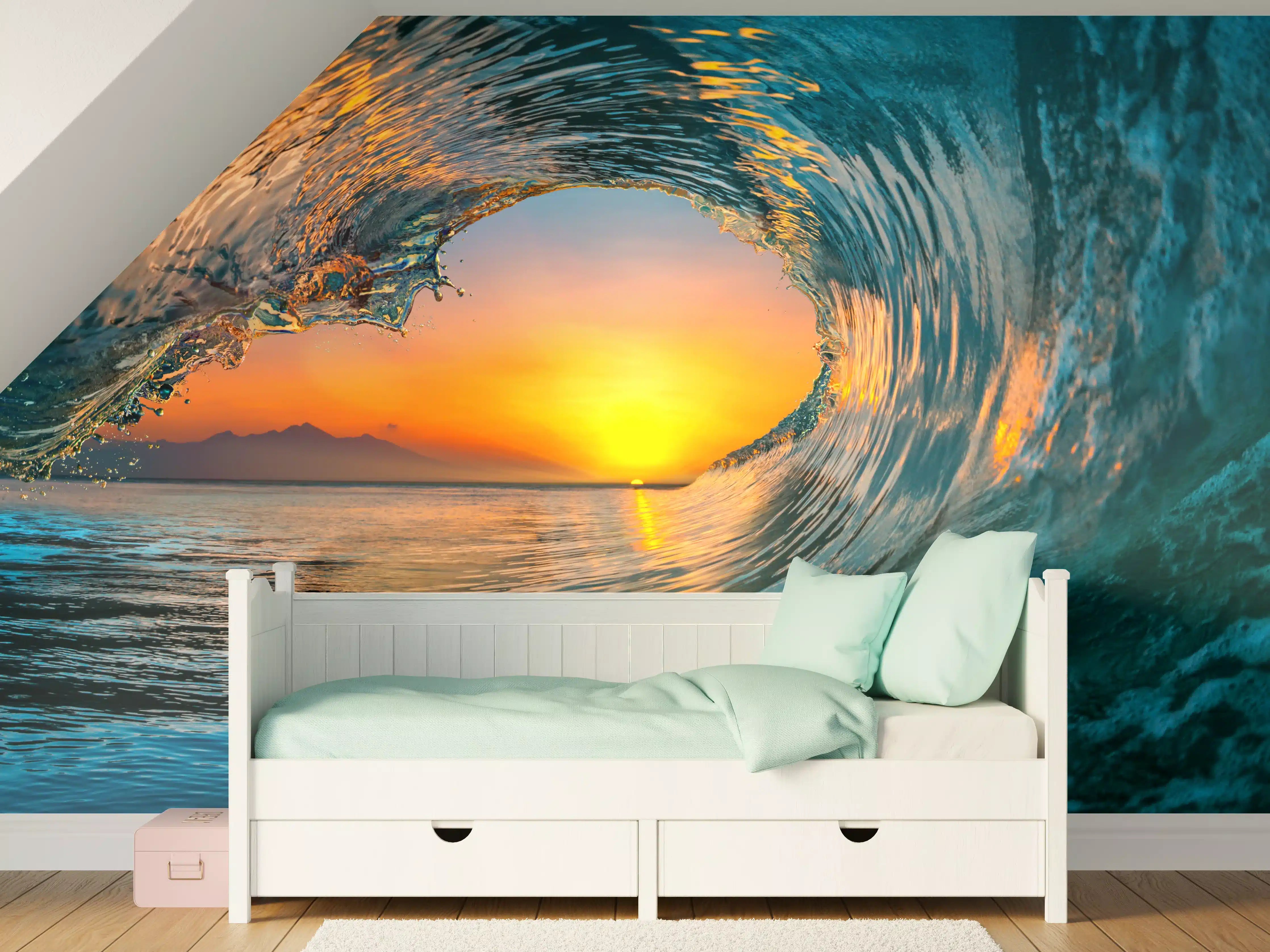 Kinderzimmer Wandgestaltung - Bunter Wellenausblick bei Sonnenuntergang