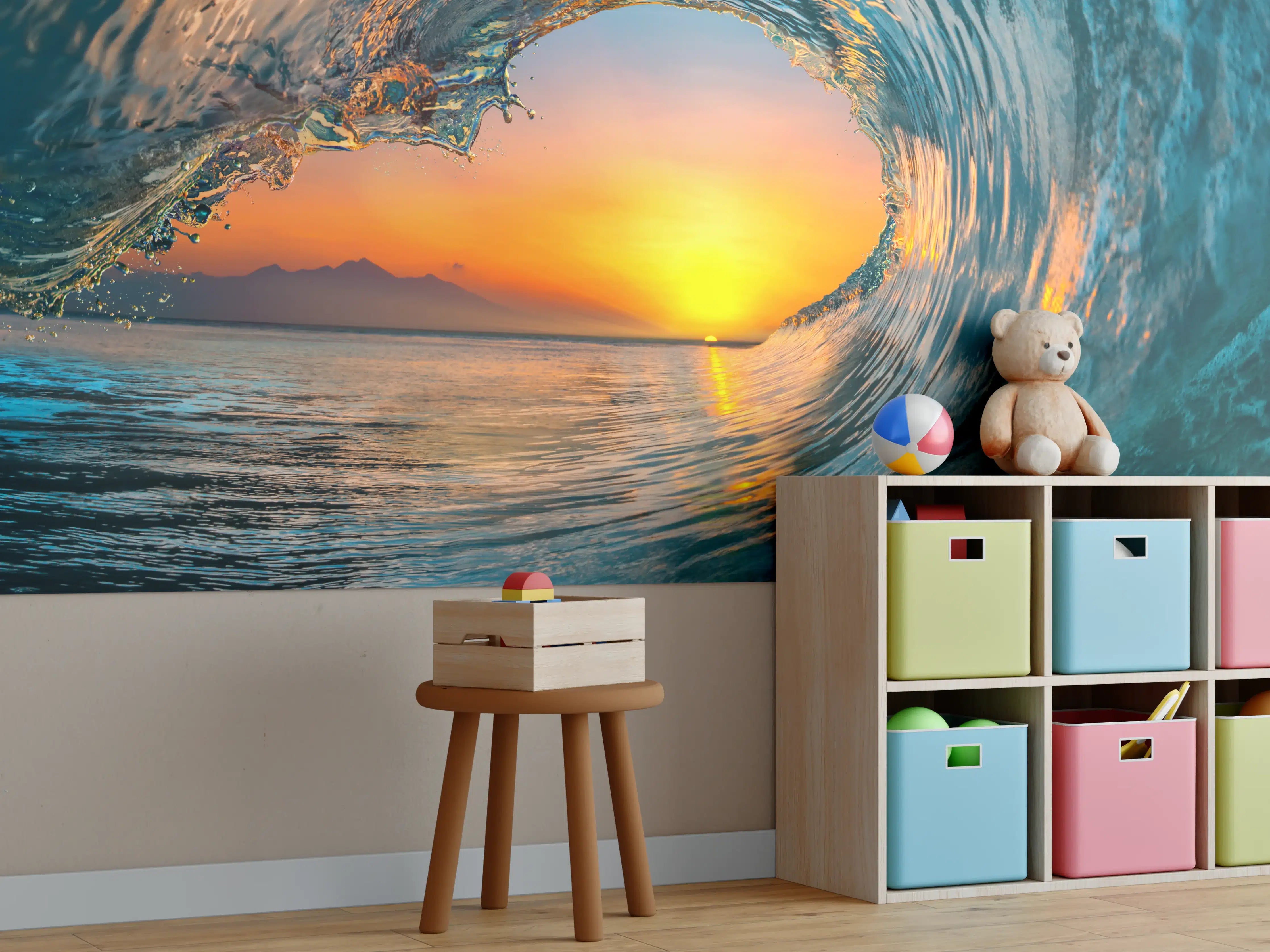 Kinderzimmer Wandgestaltung - Bunter Wellenausblick bei Sonnenuntergang