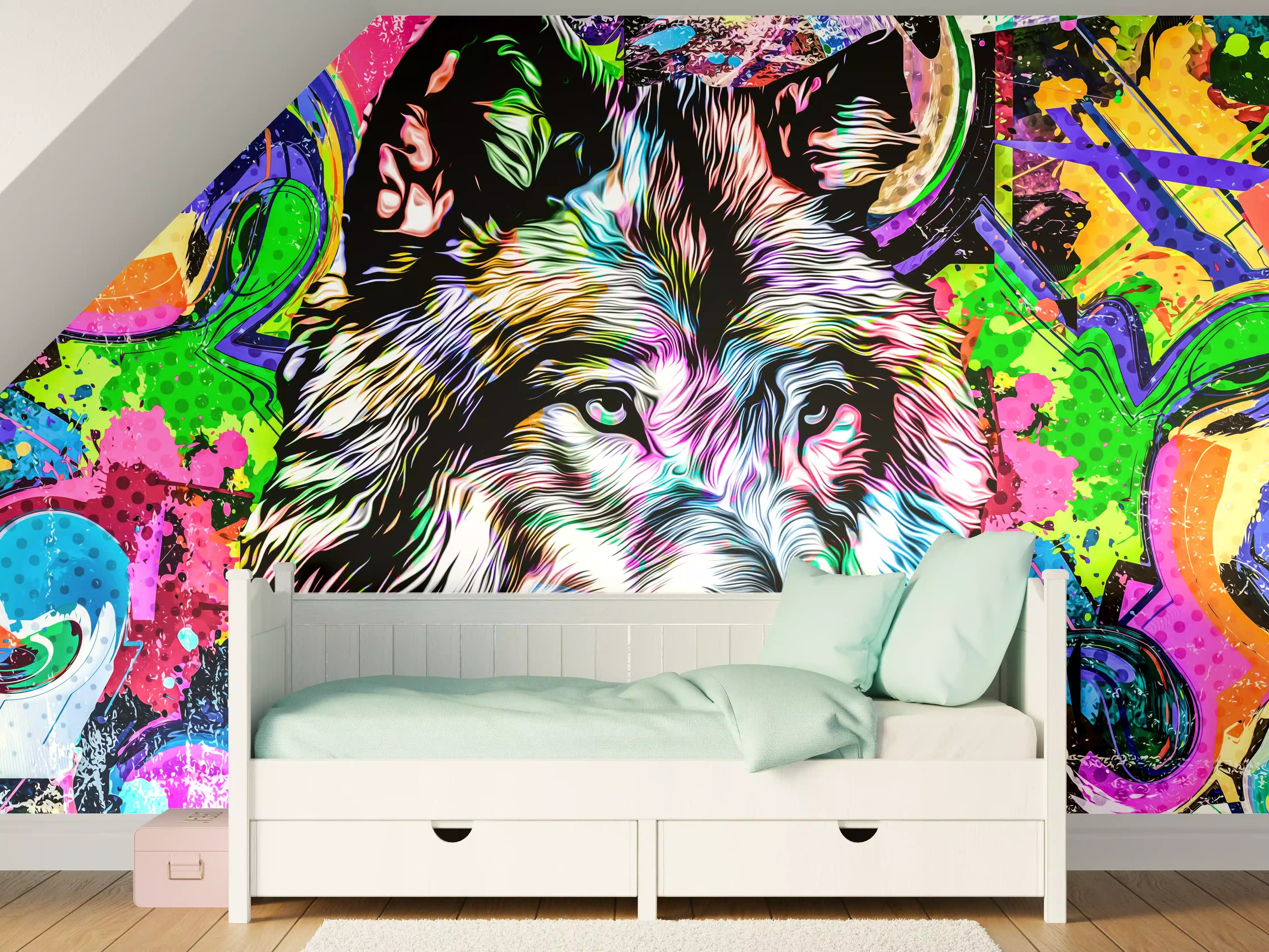 Kinderzimmer Wandgestaltung - Bunter Wolf im Graffiti-Stil