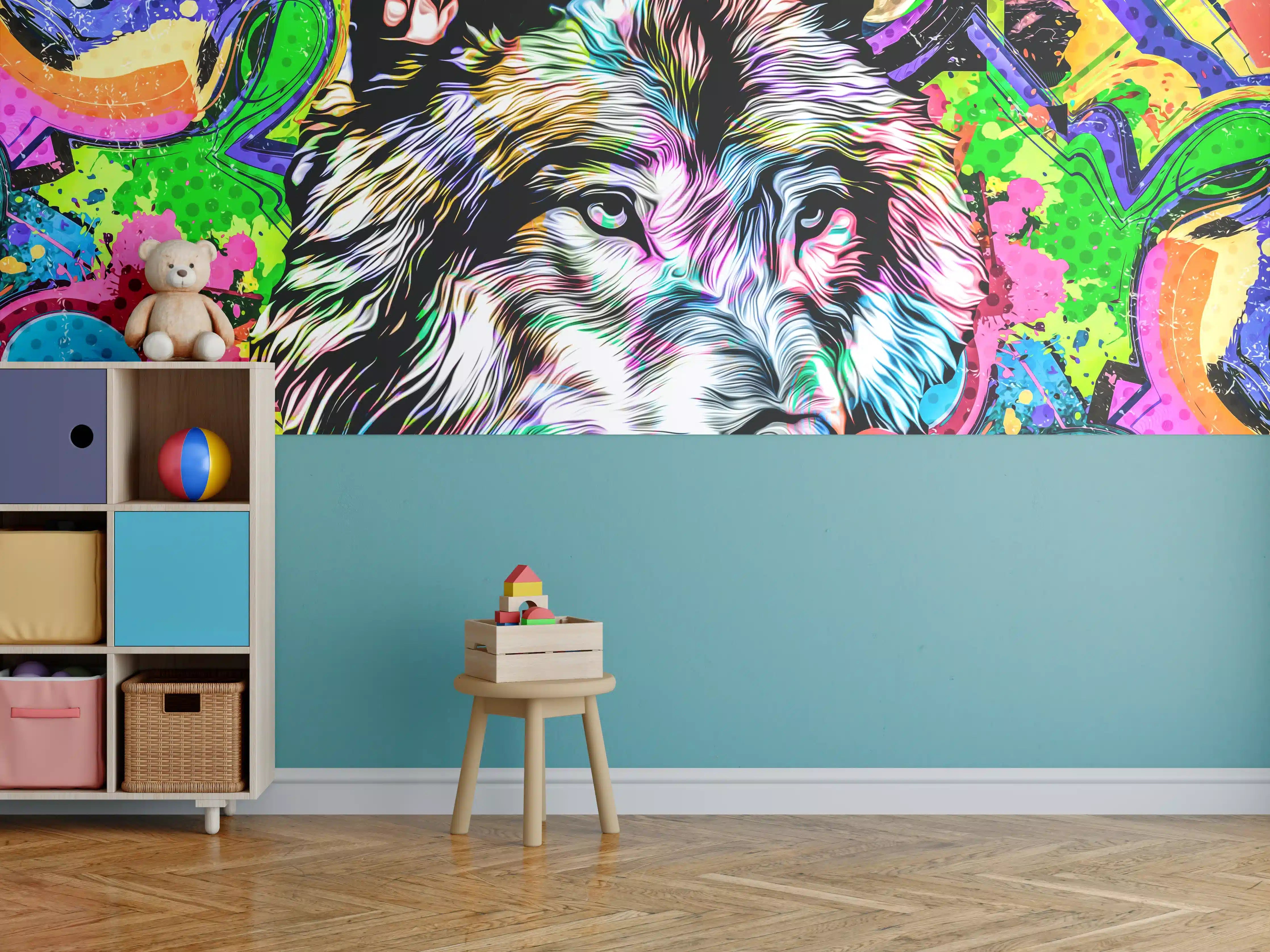 Kinderzimmer Wandgestaltung - Bunter Wolf im Graffiti-Stil