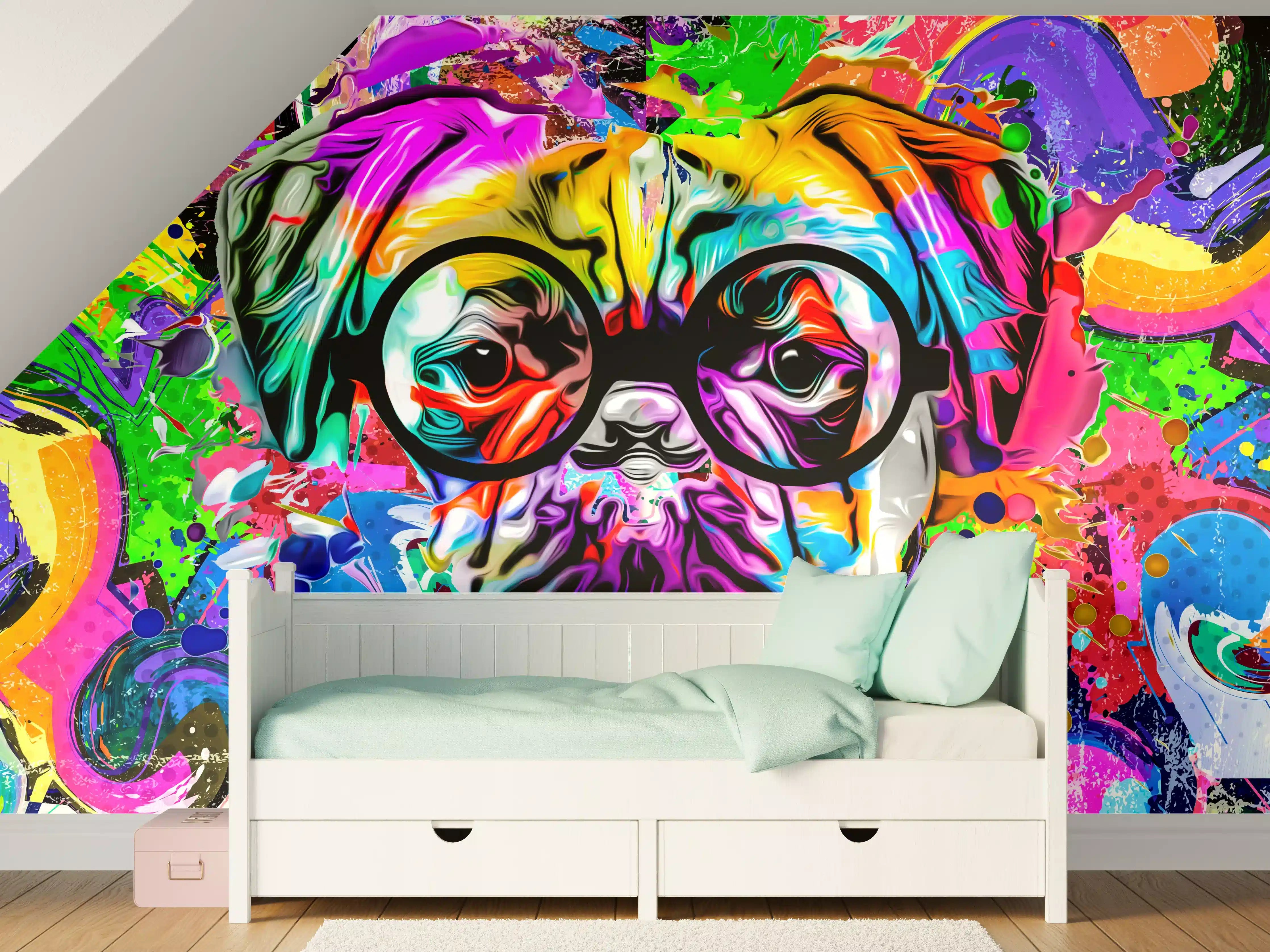 Kinderzimmer Wandgestaltung - Bunter abstrakter Hundekopf mit Brille