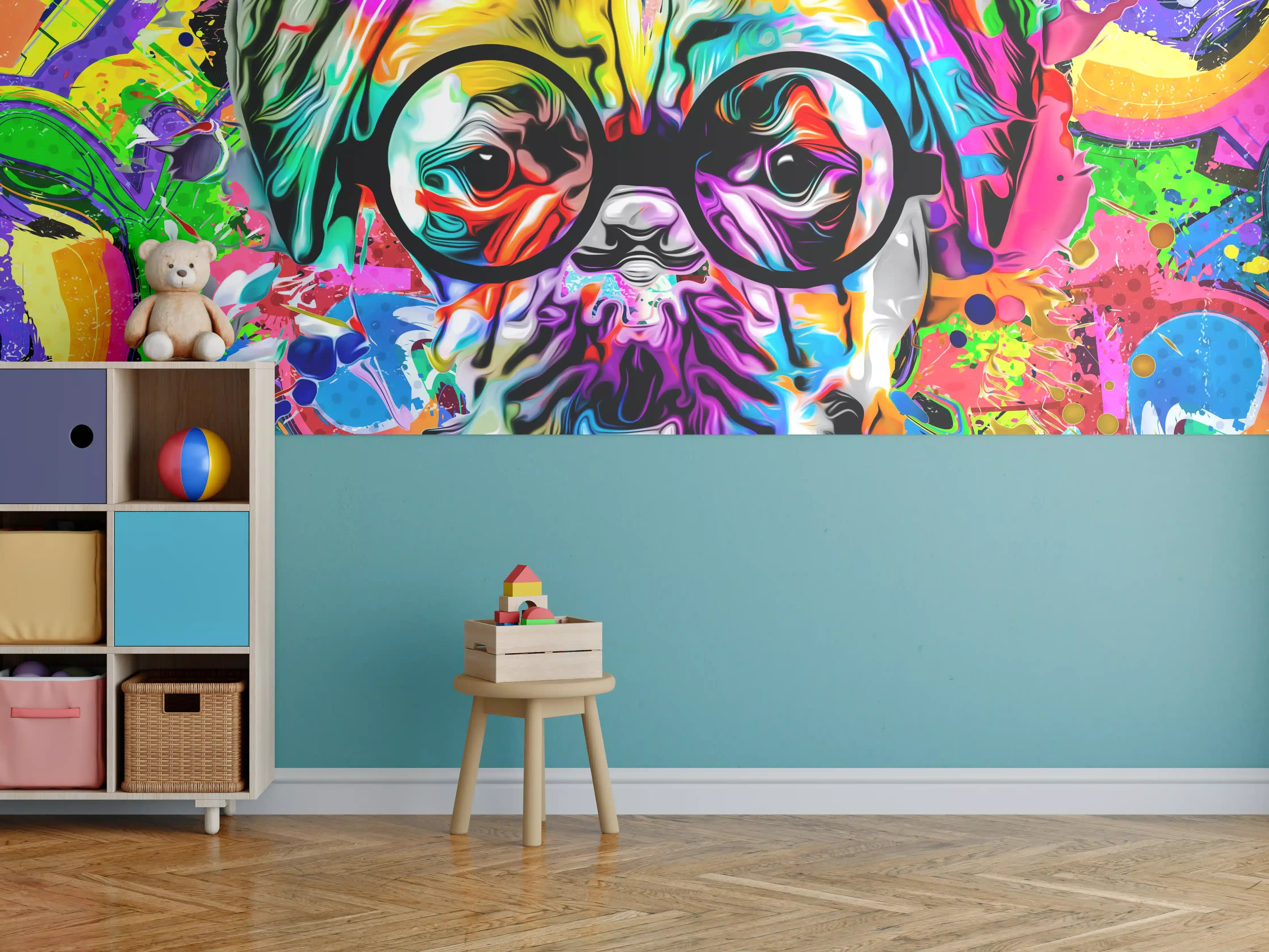 Kinderzimmer Wandgestaltung - Bunter abstrakter Hundekopf mit Brille
