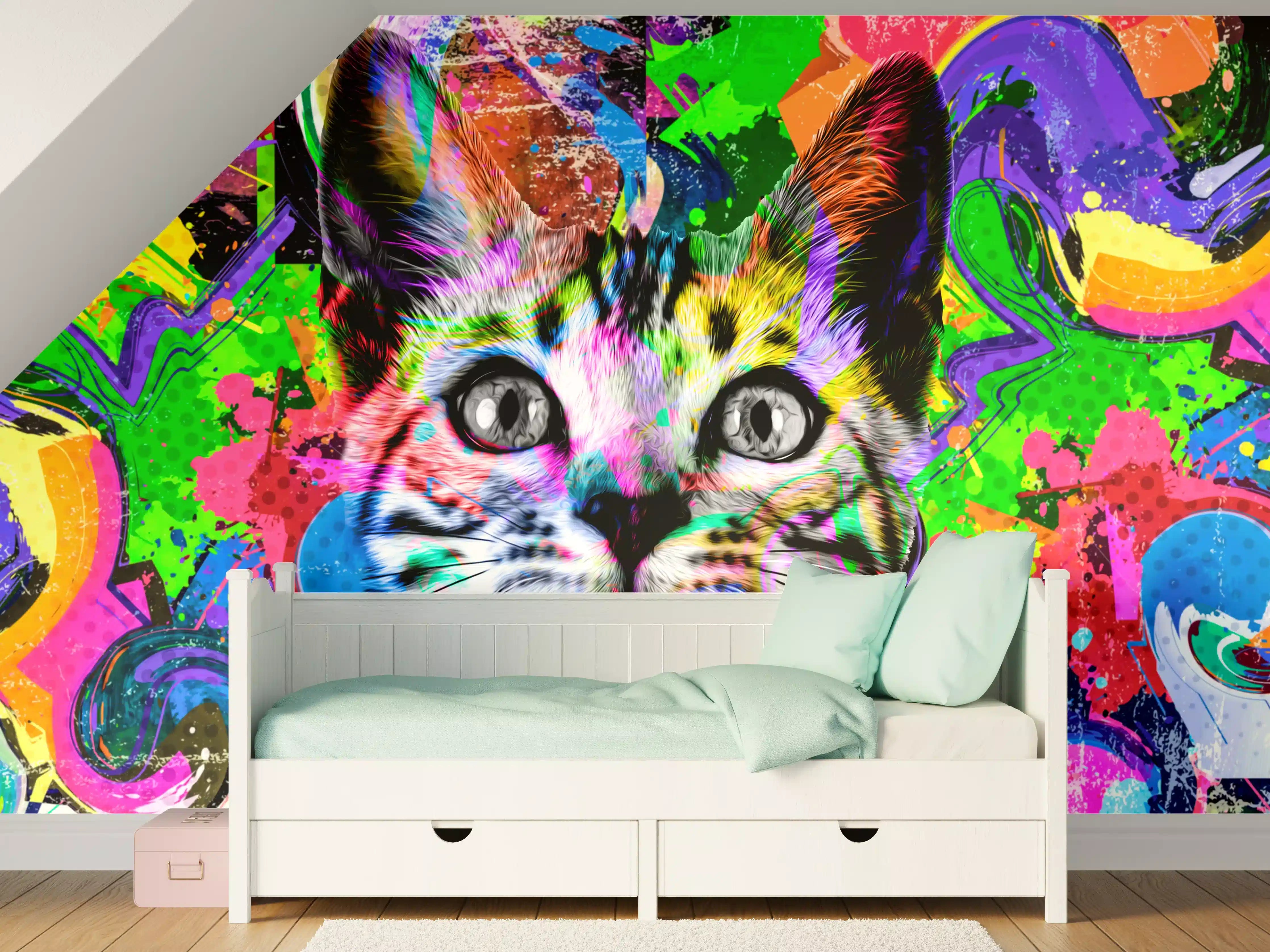 Kinderzimmer Wandgestaltung - Bunter abstrakter Katzenkopf