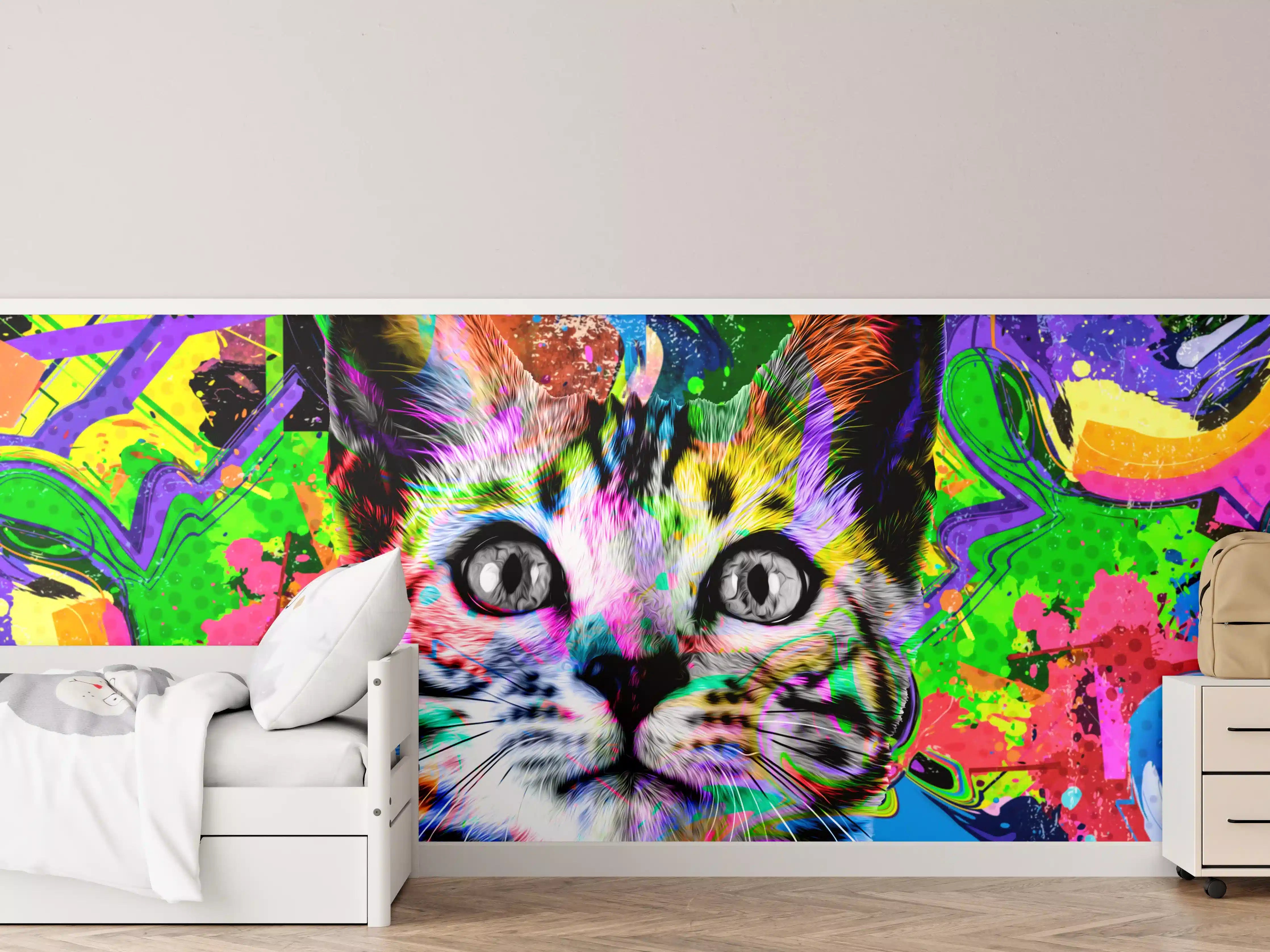 Kinderzimmer Wandgestaltung - Bunter abstrakter Katzenkopf