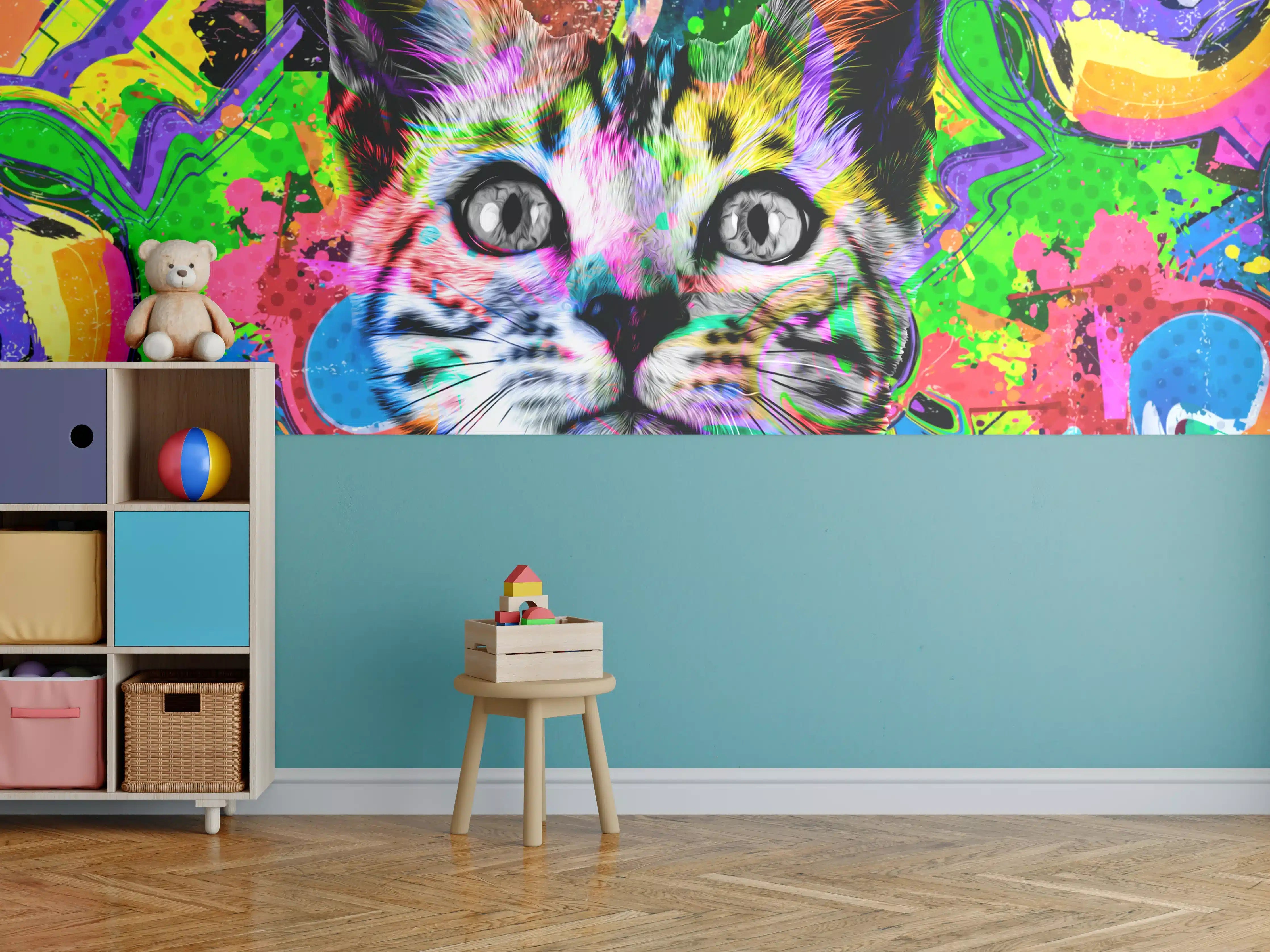 Kinderzimmer Wandgestaltung - Bunter abstrakter Katzenkopf