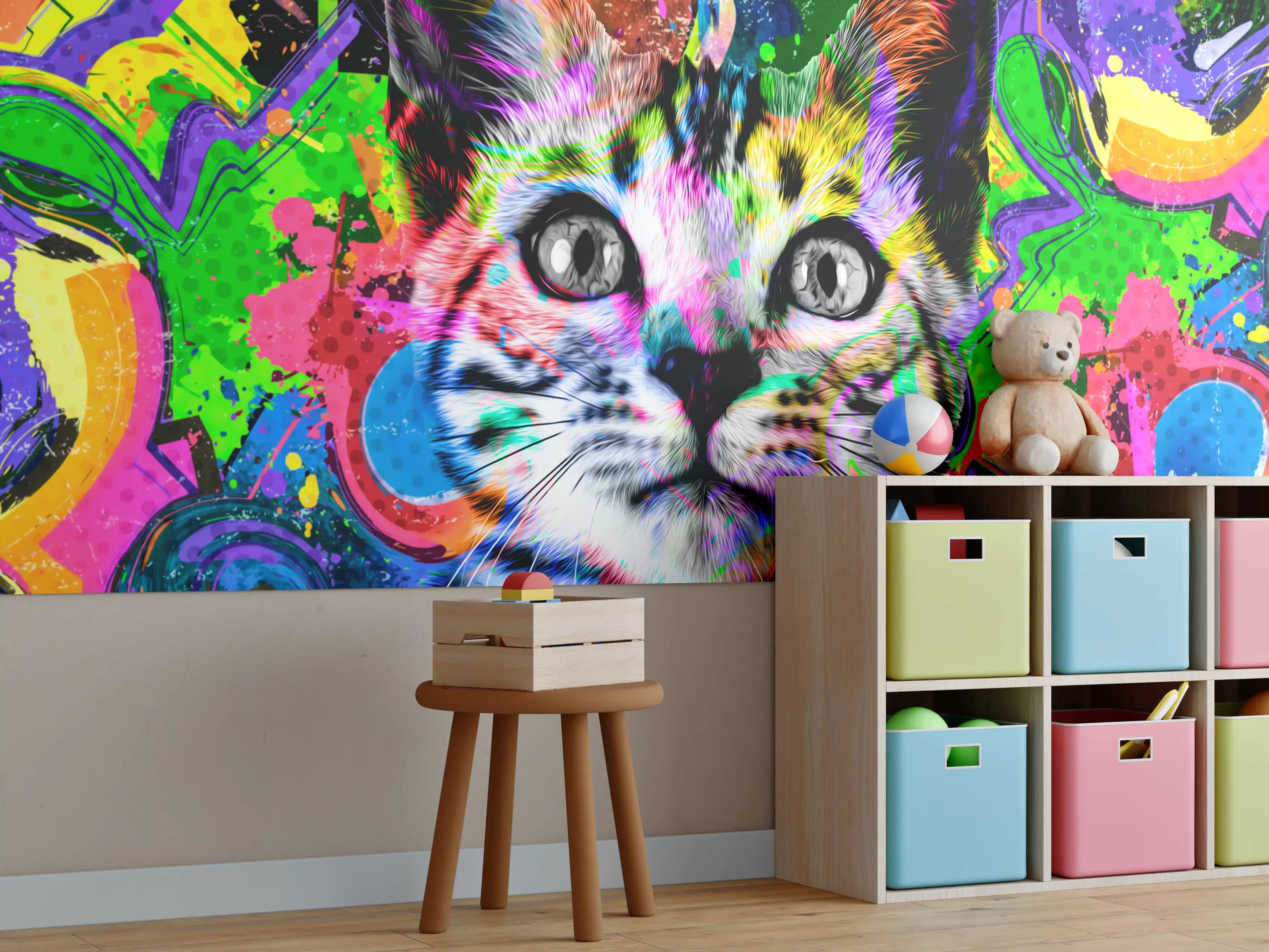 Kinderzimmer Wandgestaltung - Bunter abstrakter Katzenkopf