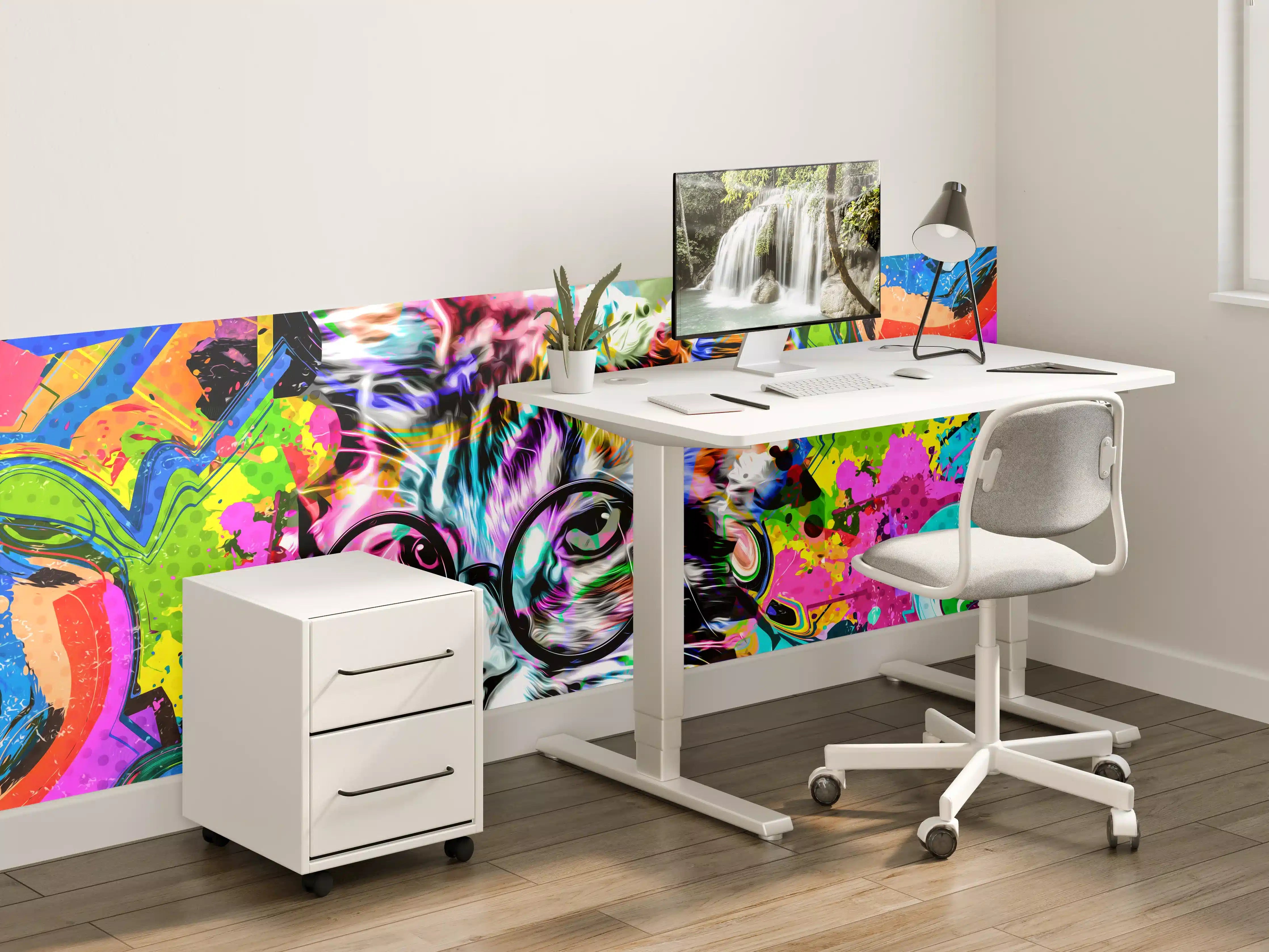 Kinderzimmer Wandgestaltung - Bunter abstrakter Katzenkopf mit Brille 