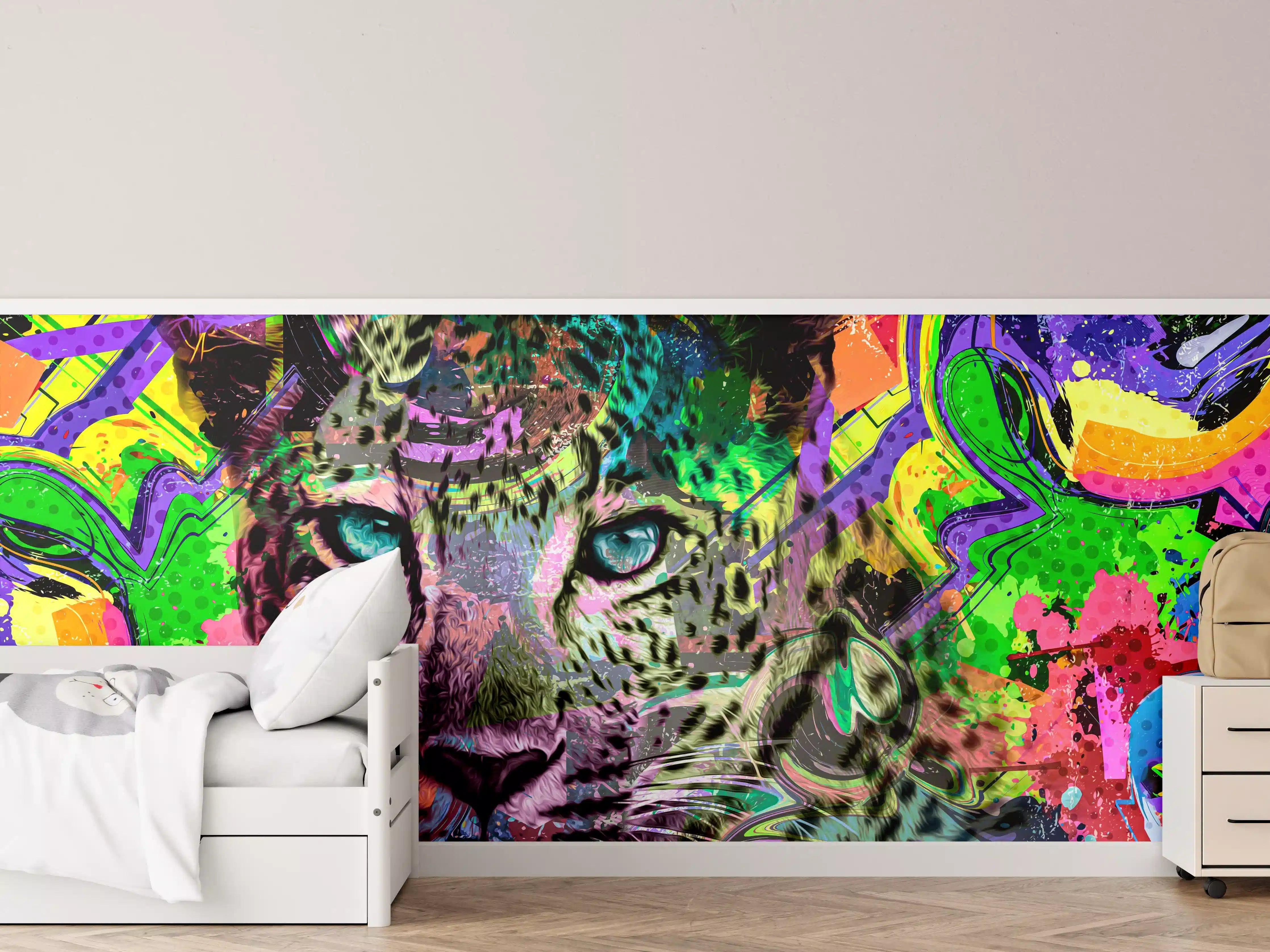 Kinderzimmer Wandgestaltung - Bunter abstrakter Leopardenkopf