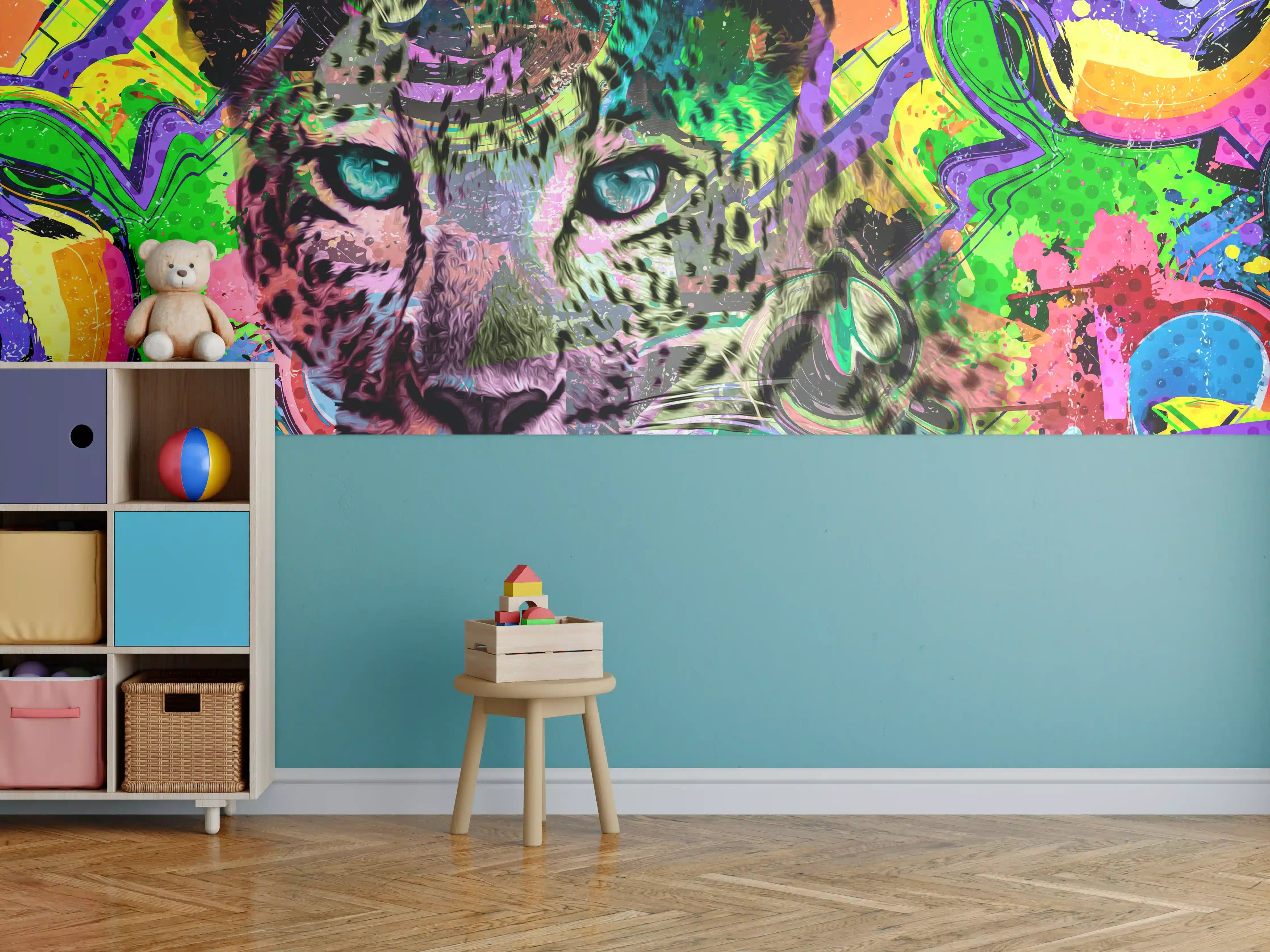 Kinderzimmer Wandgestaltung - Bunter abstrakter Leopardenkopf