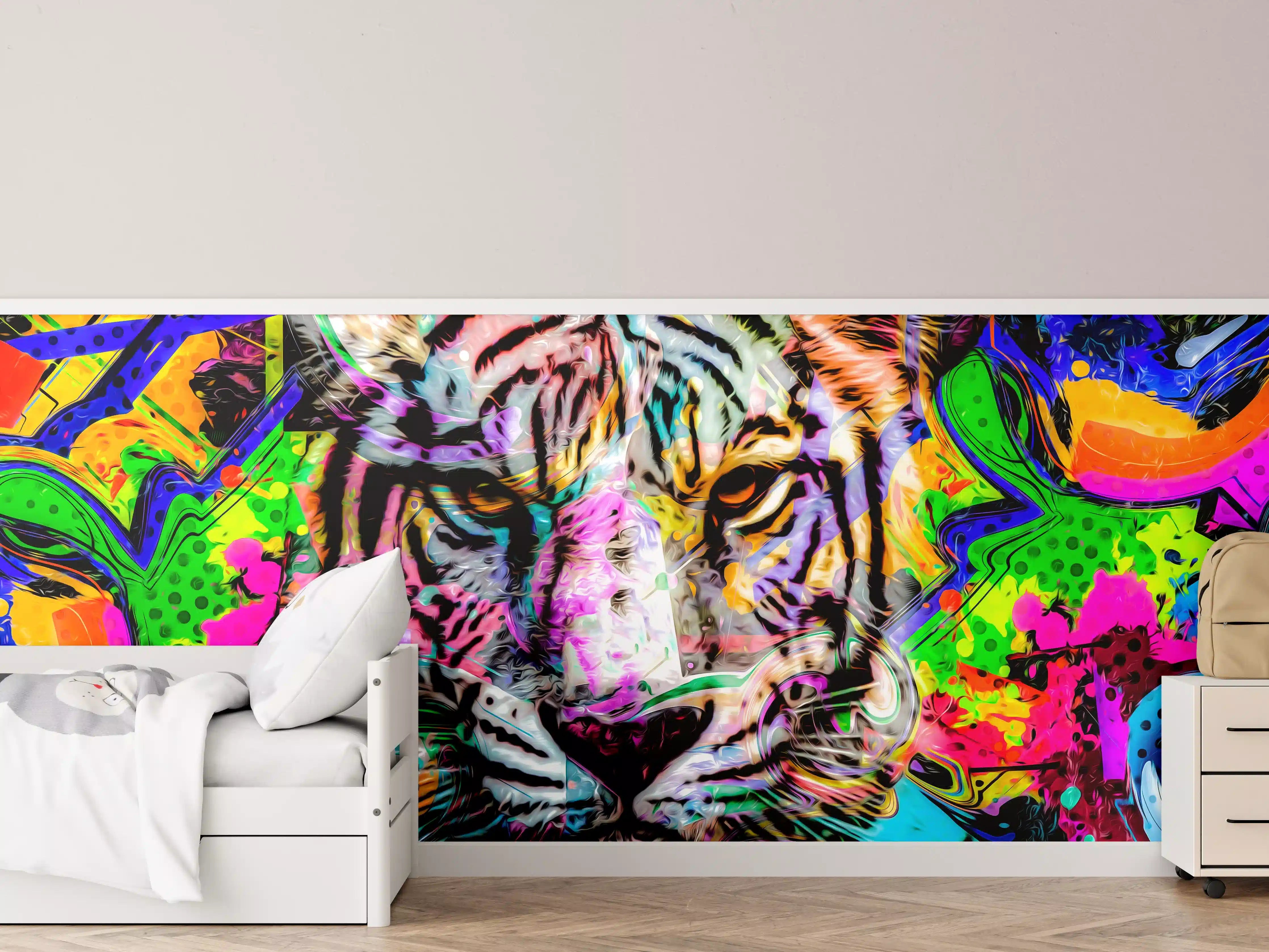 Kinderzimmer Wandgestaltung - Bunter abstrakter Tigerkopf