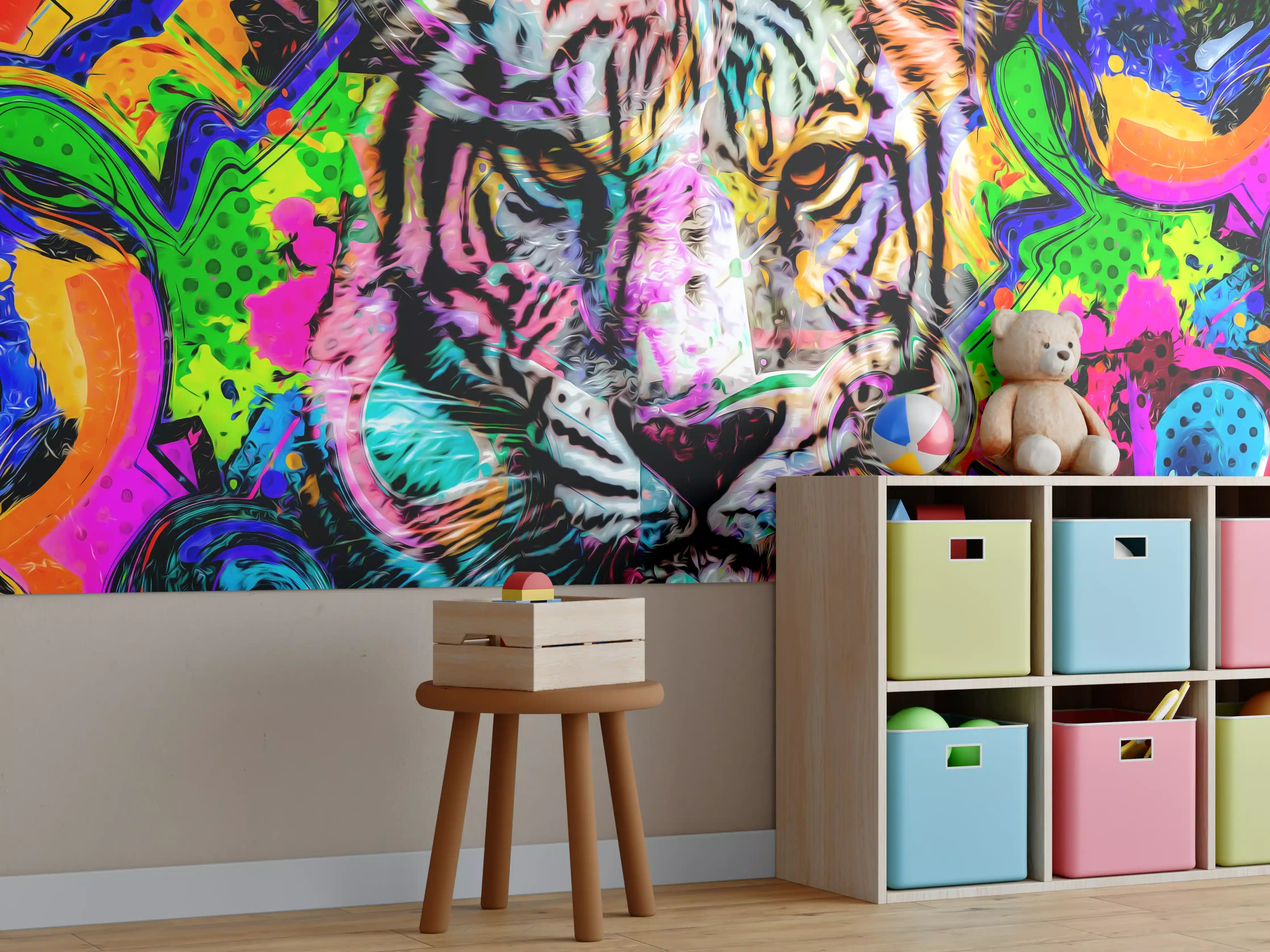 Kinderzimmer Wandgestaltung - Bunter abstrakter Tigerkopf