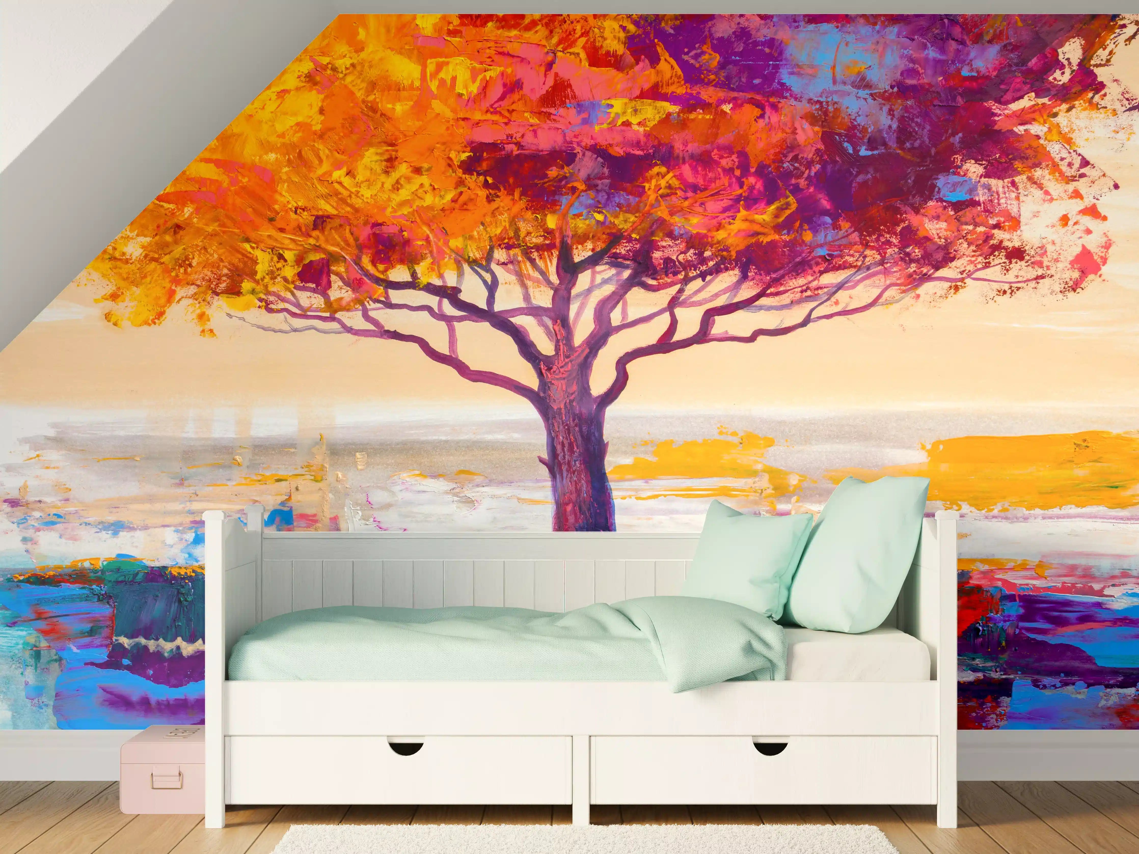 Kinderzimmer Wandgestaltung - Bunter einzelner Baum - Ölgemälde