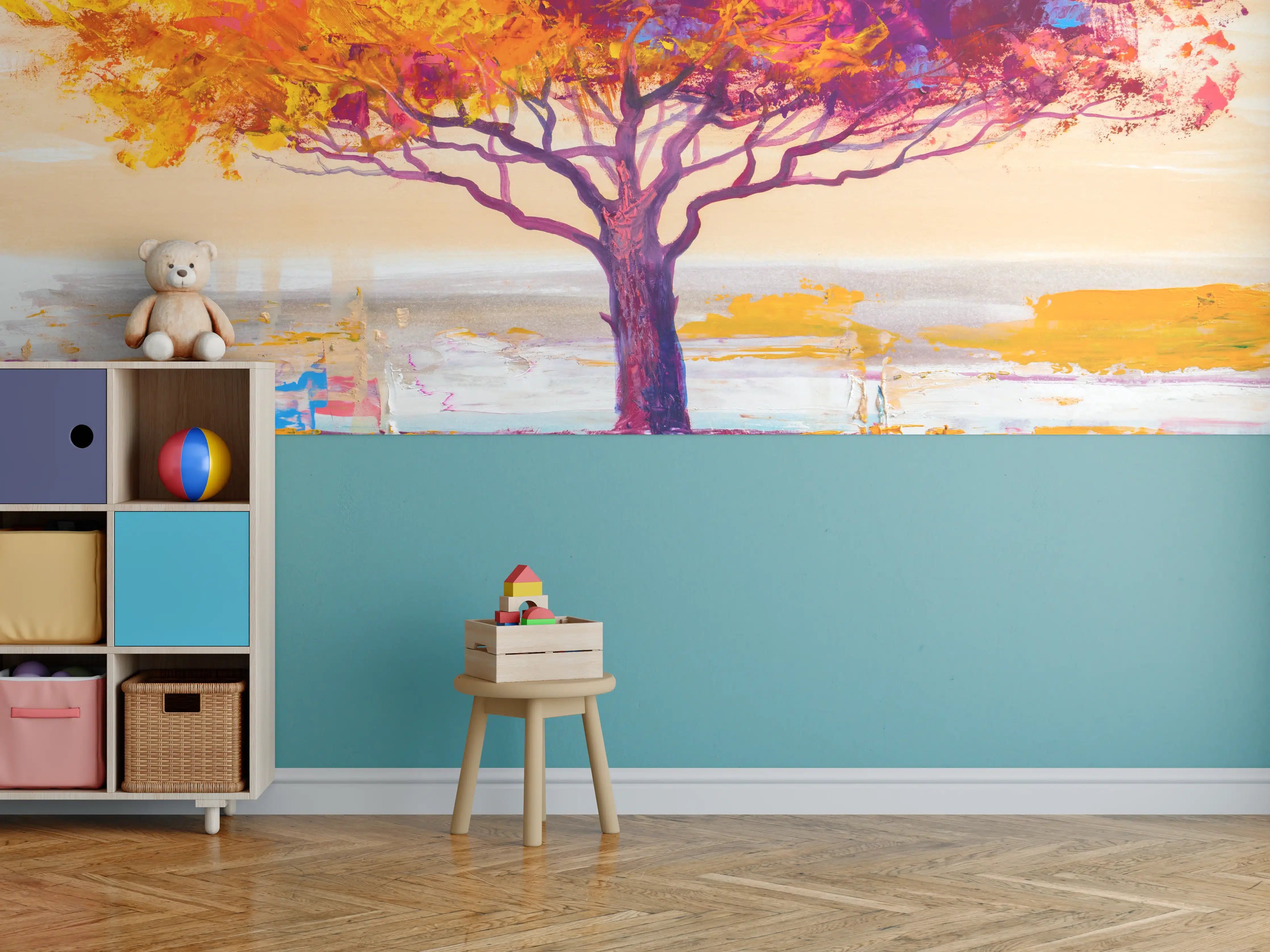 Kinderzimmer Wandgestaltung - Bunter einzelner Baum - Ölgemälde