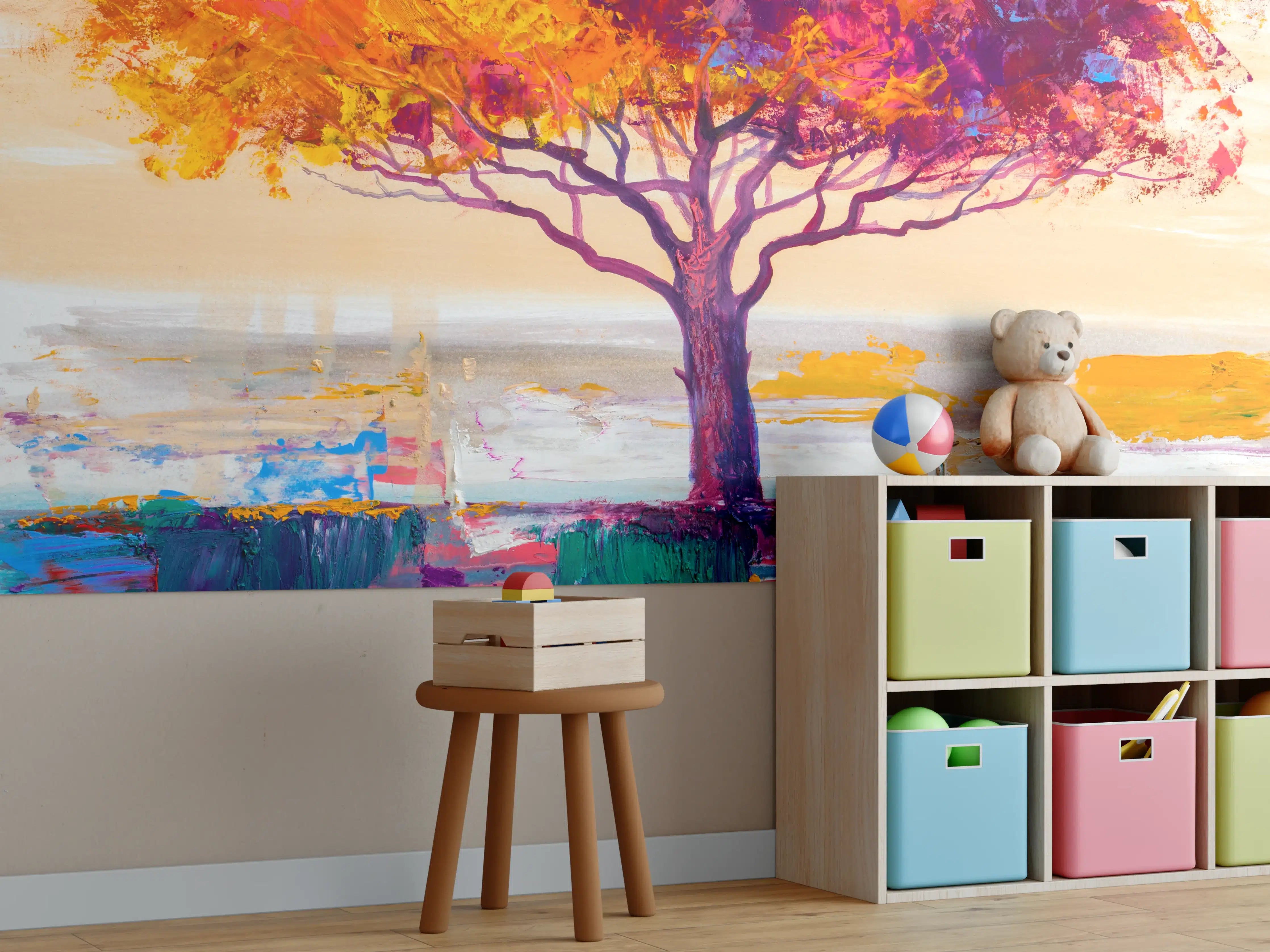 Kinderzimmer Wandgestaltung - Bunter einzelner Baum - Ölgemälde