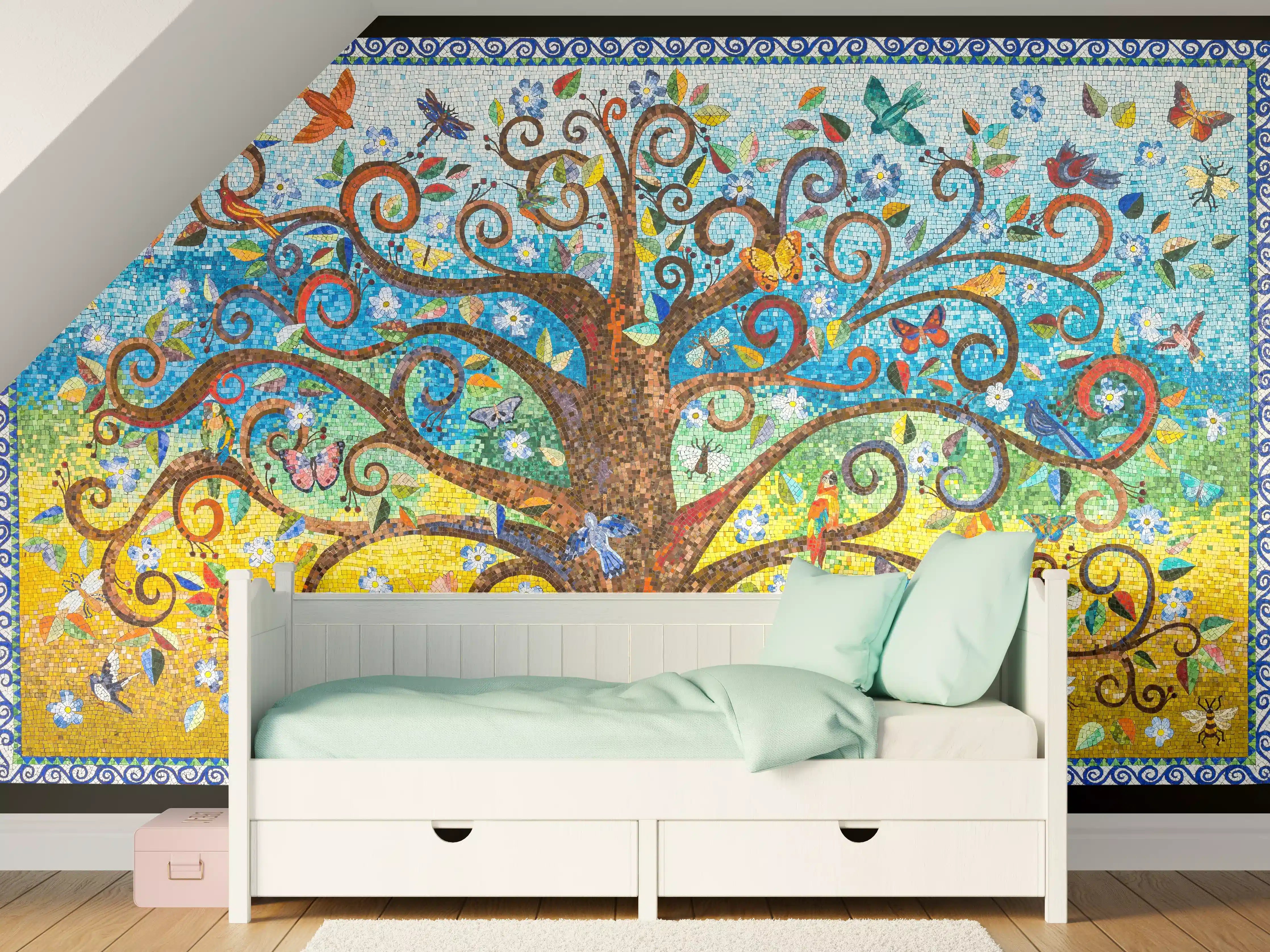 Kinderzimmer Wandgestaltung - Buntes Baum Mosaik Kunstwerk