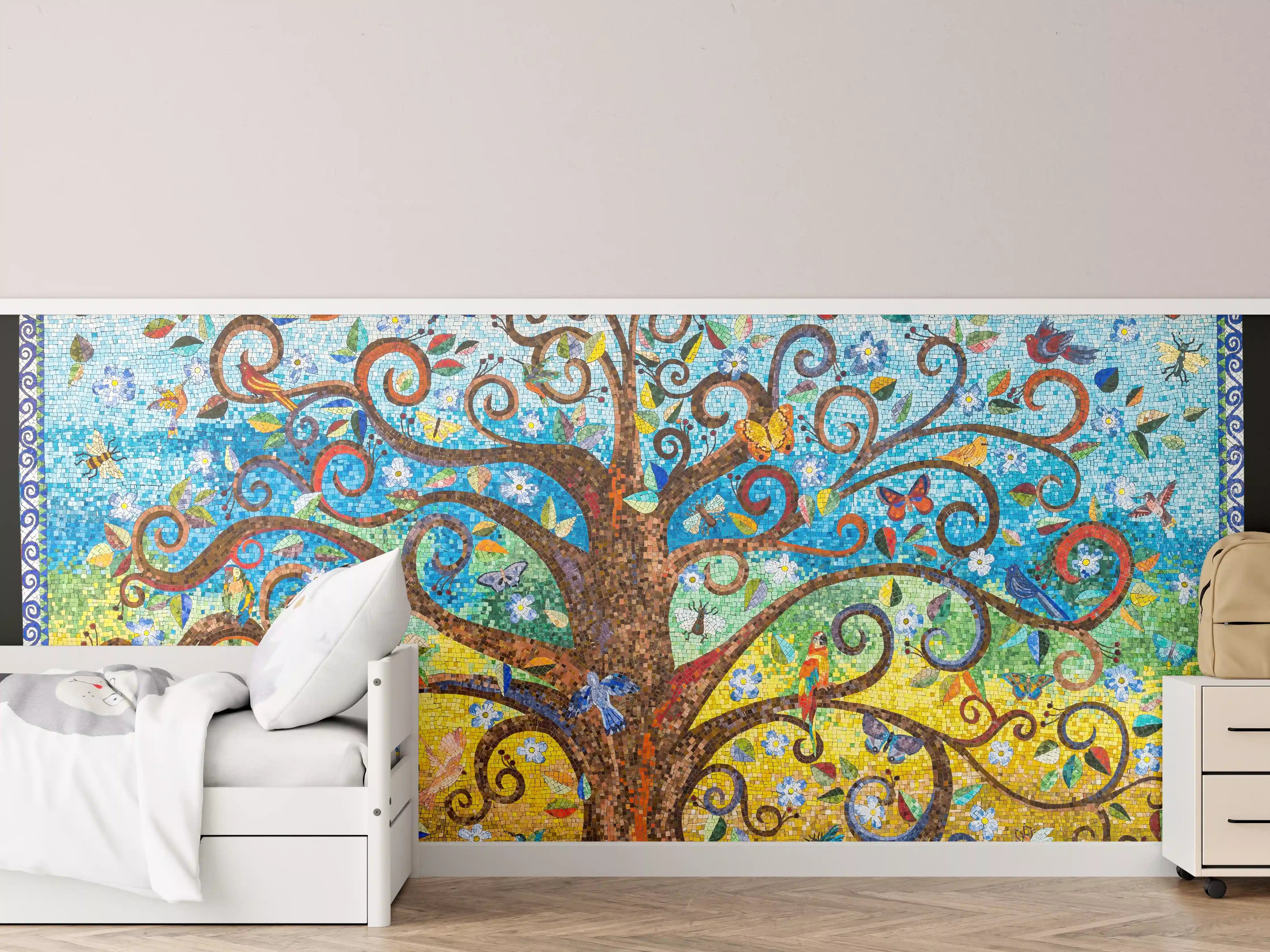 Kinderzimmer Wandgestaltung - Buntes Baum Mosaik Kunstwerk