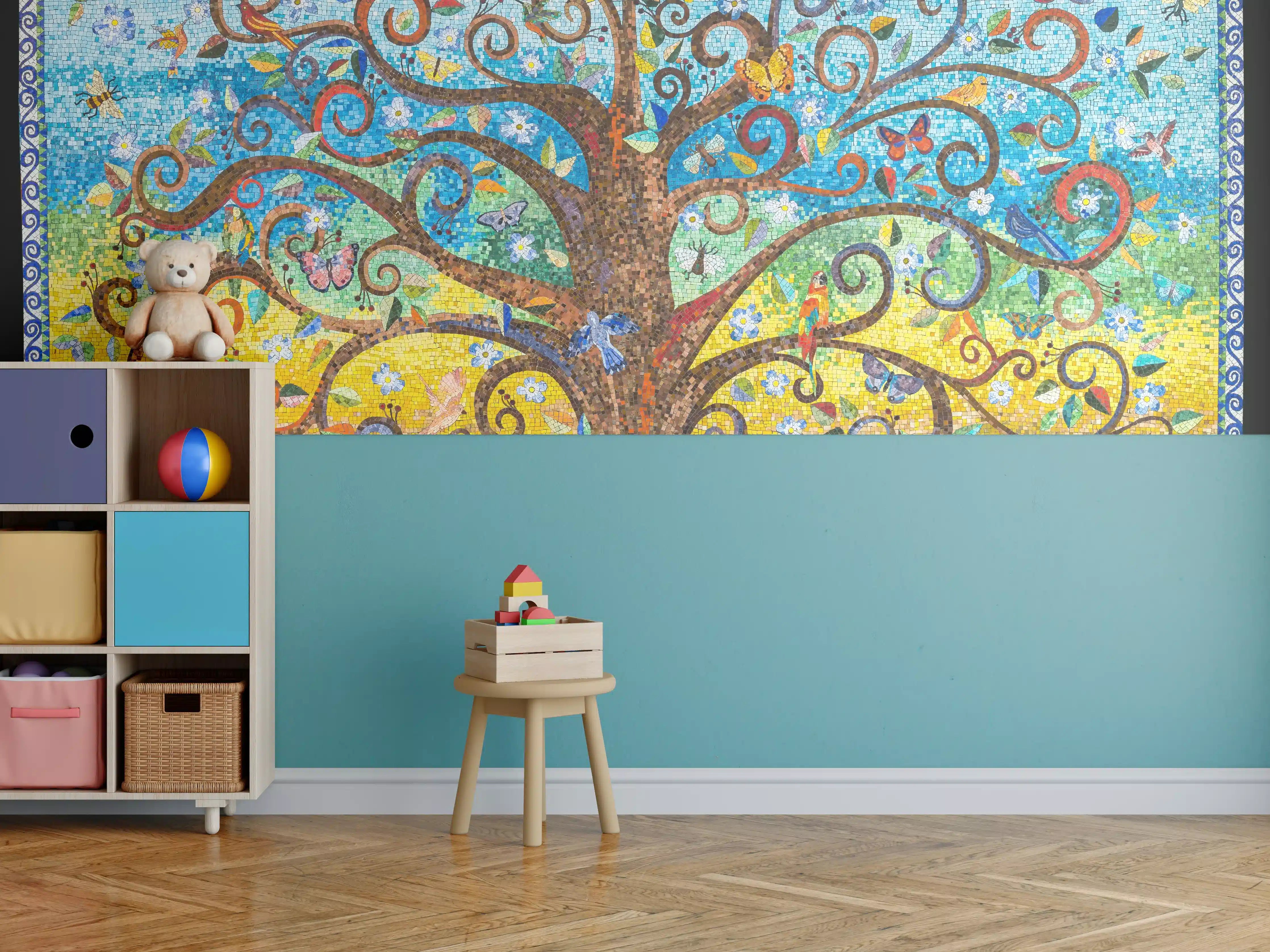 Kinderzimmer Wandgestaltung - Buntes Baum Mosaik Kunstwerk