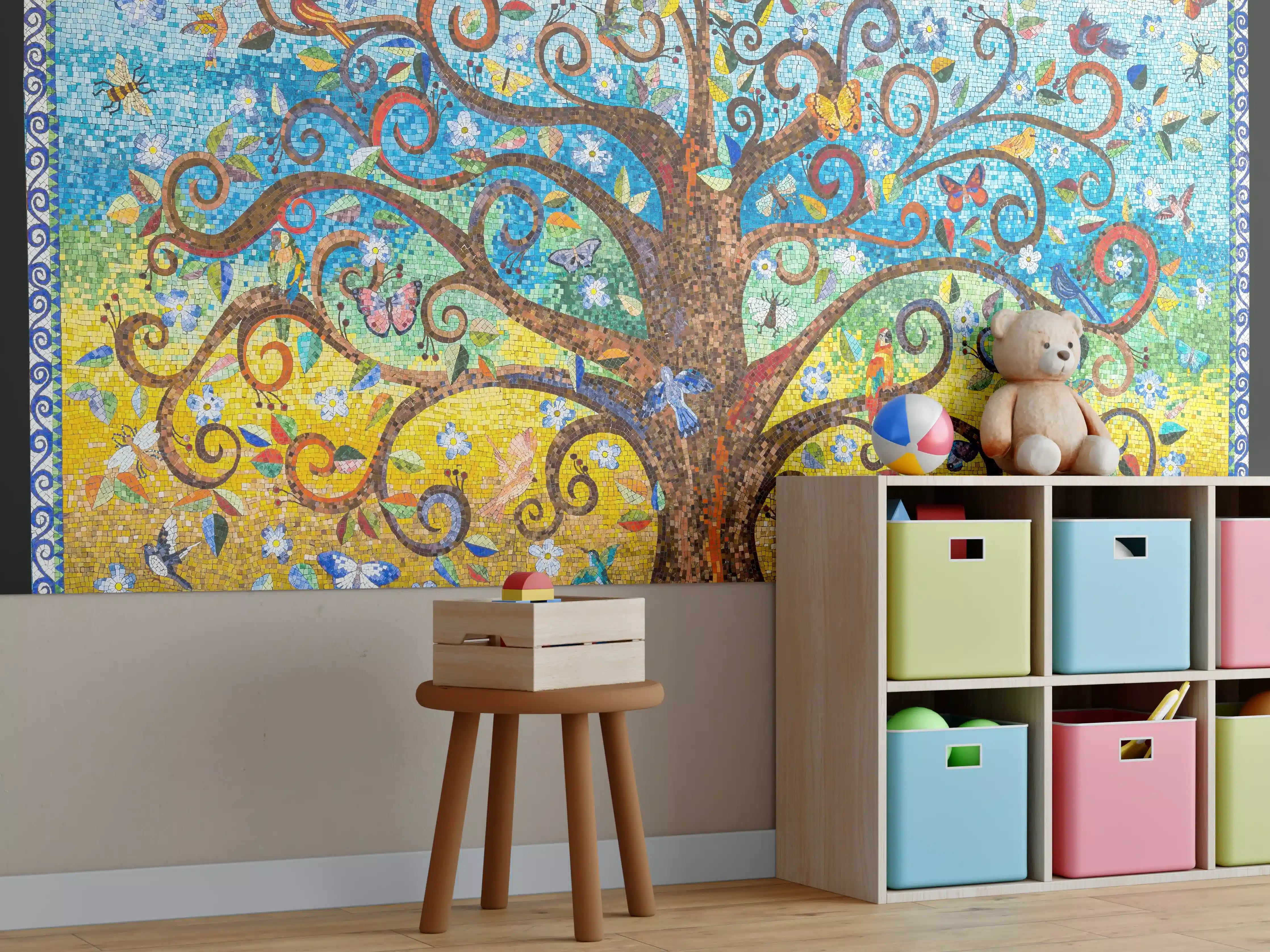 Kinderzimmer Wandgestaltung - Buntes Baum Mosaik Kunstwerk