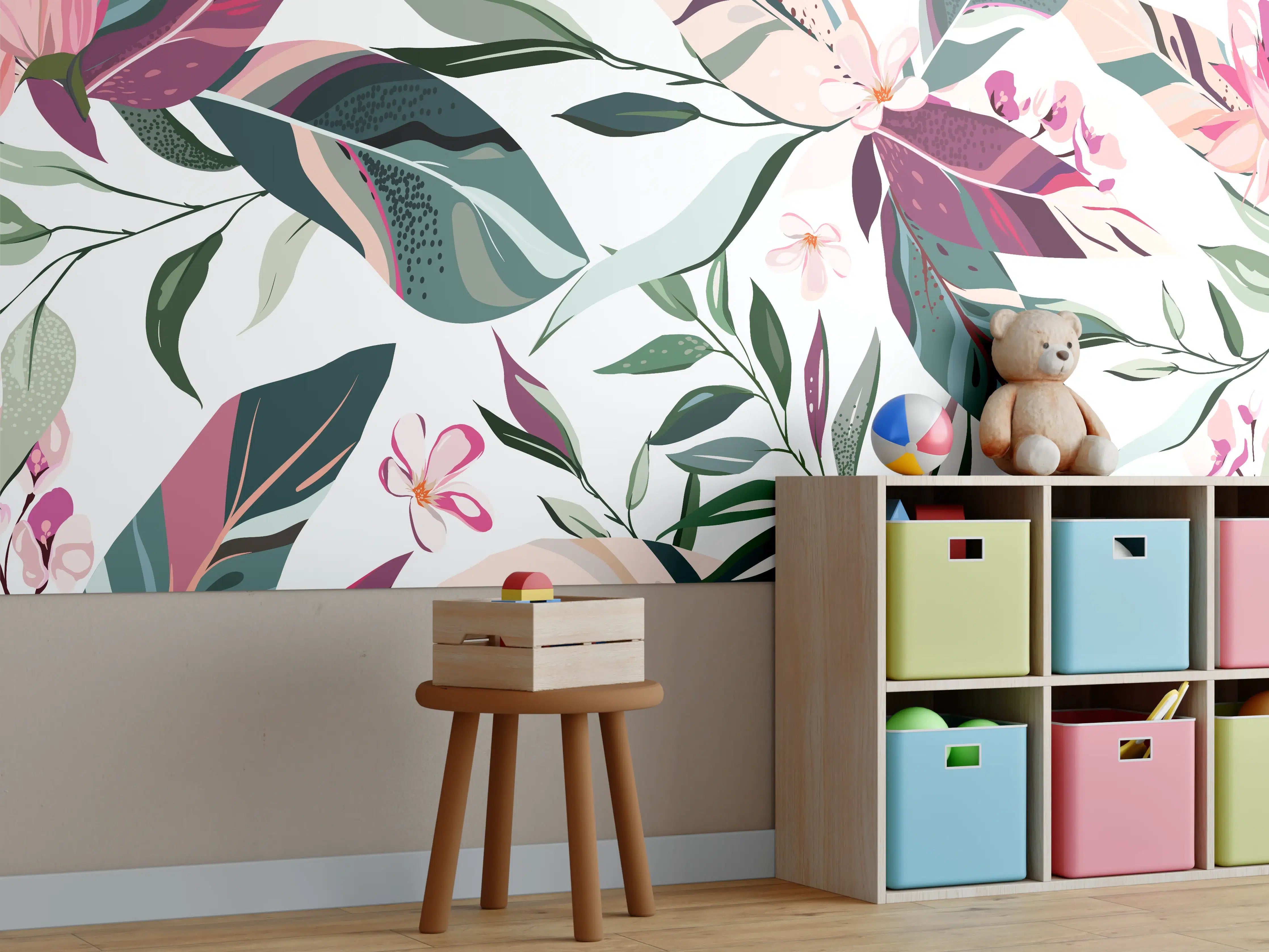Kinderzimmer Wandgestaltung - Buntes Blumen-Pflanzen Muster