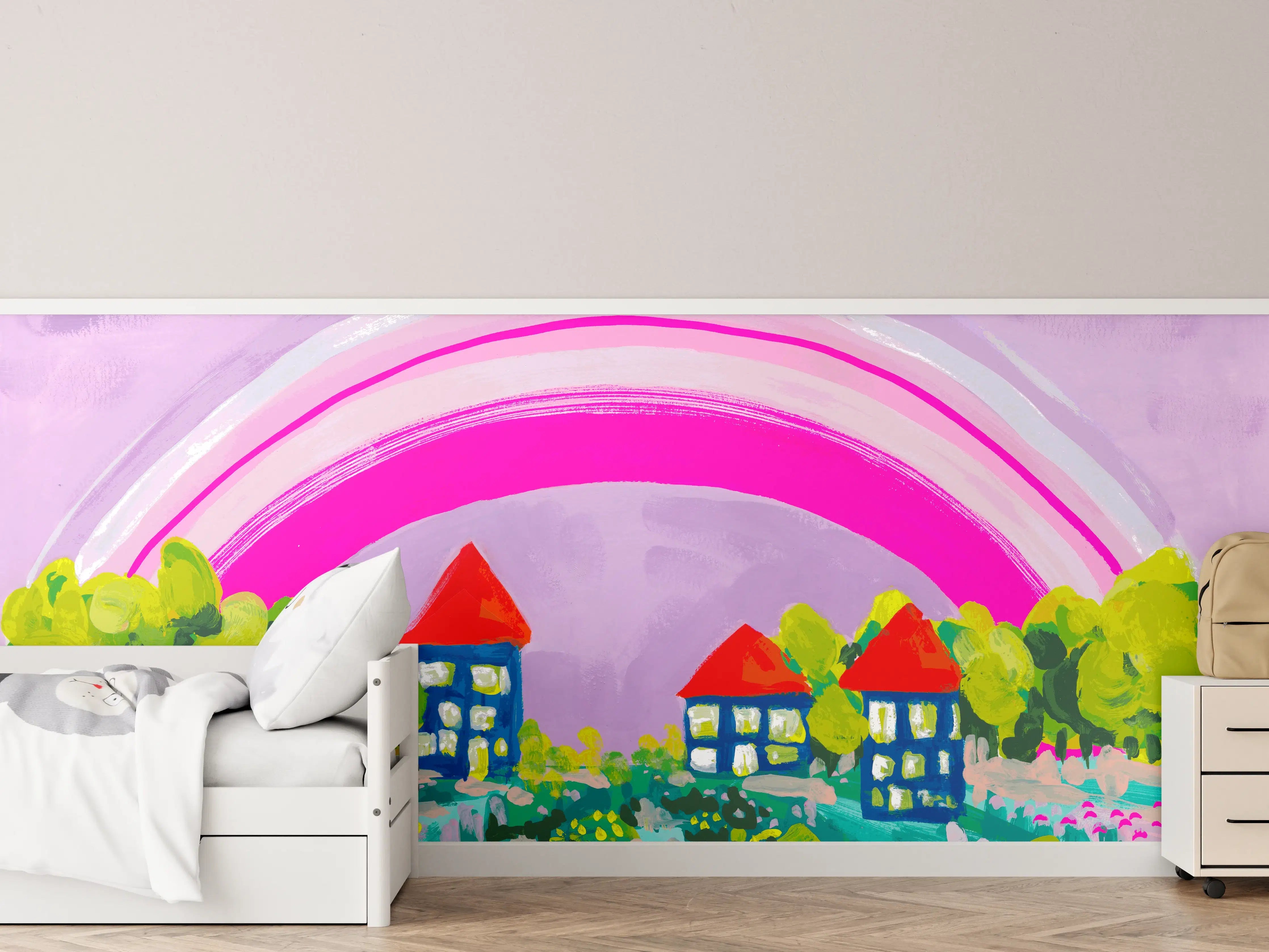 Kinderzimmer Wandgestaltung - Buntes Dorf mit Regenbogen