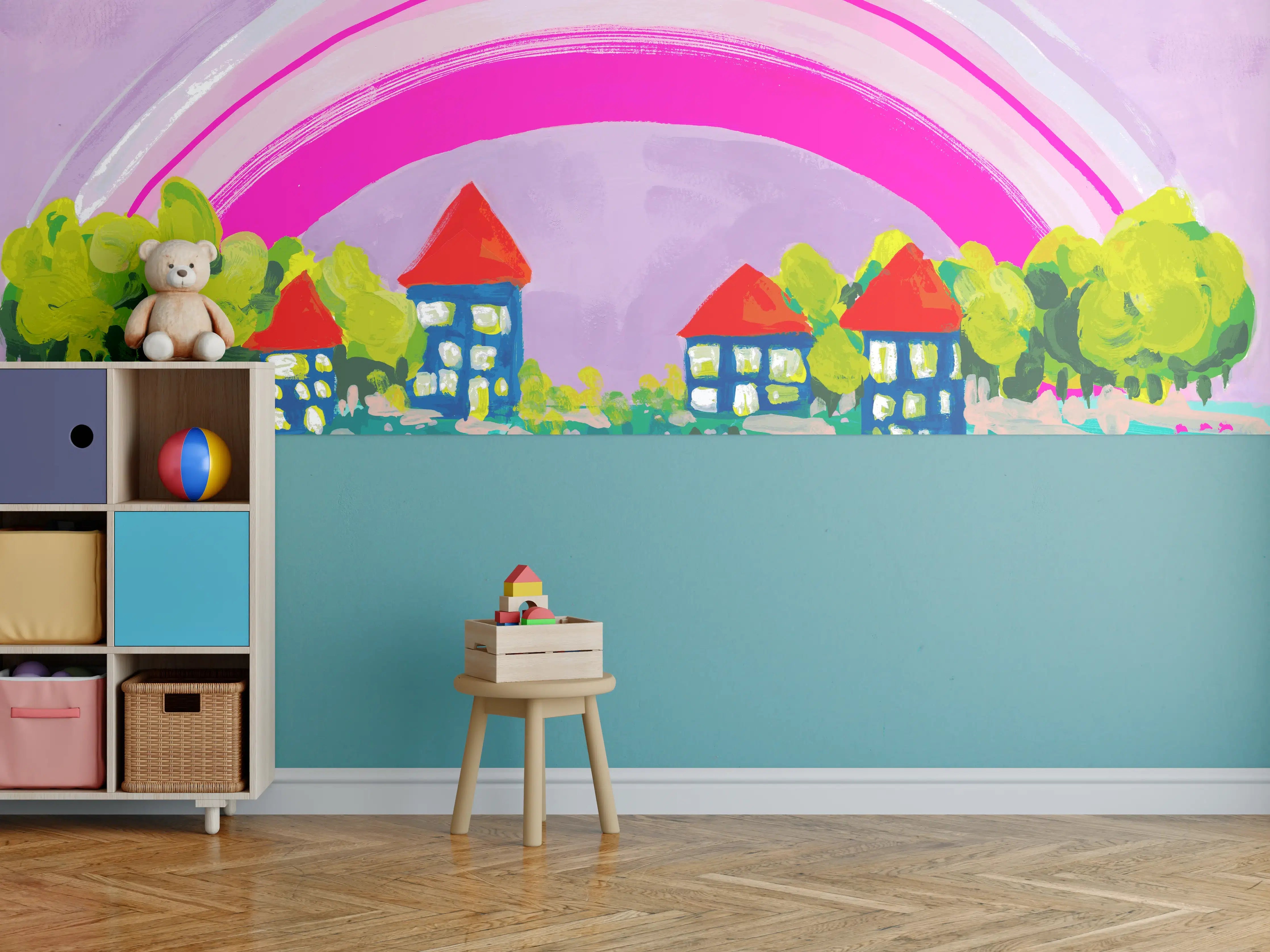 Kinderzimmer Wandgestaltung - Buntes Dorf mit Regenbogen