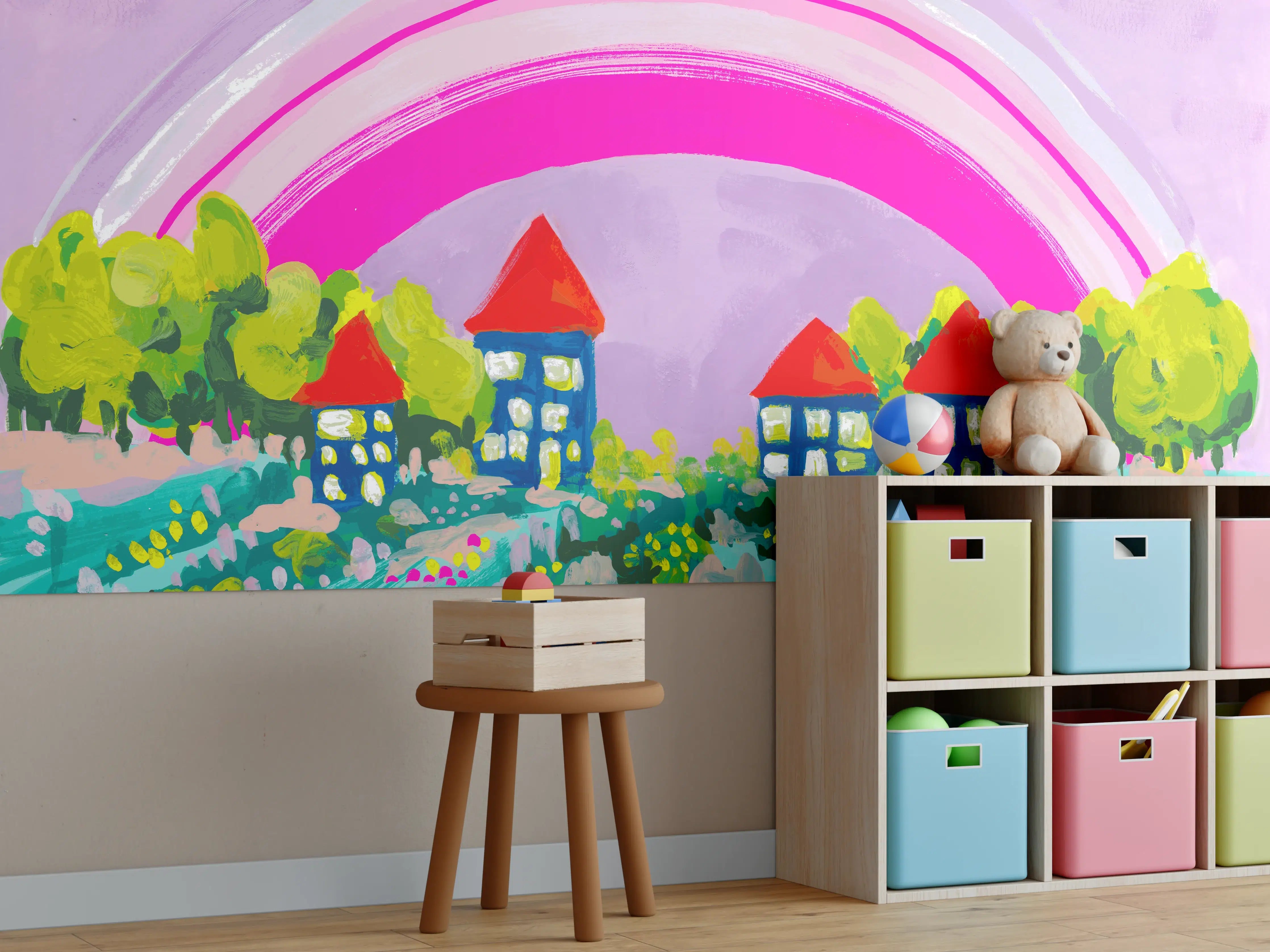 Kinderzimmer Wandgestaltung - Buntes Dorf mit Regenbogen