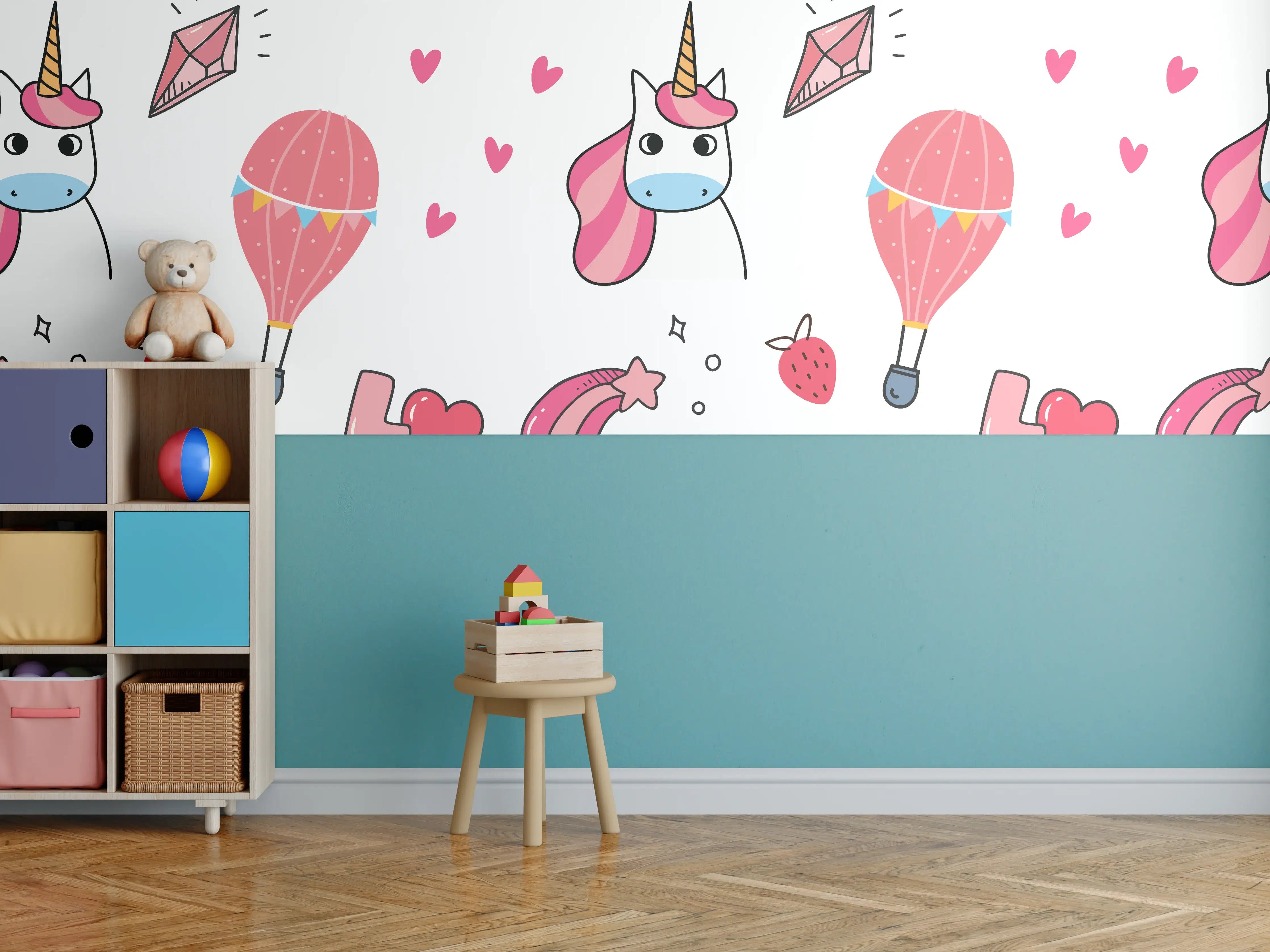 Kinderzimmer Wandgestaltung - Buntes Einhorn-Liebe Musterdesign