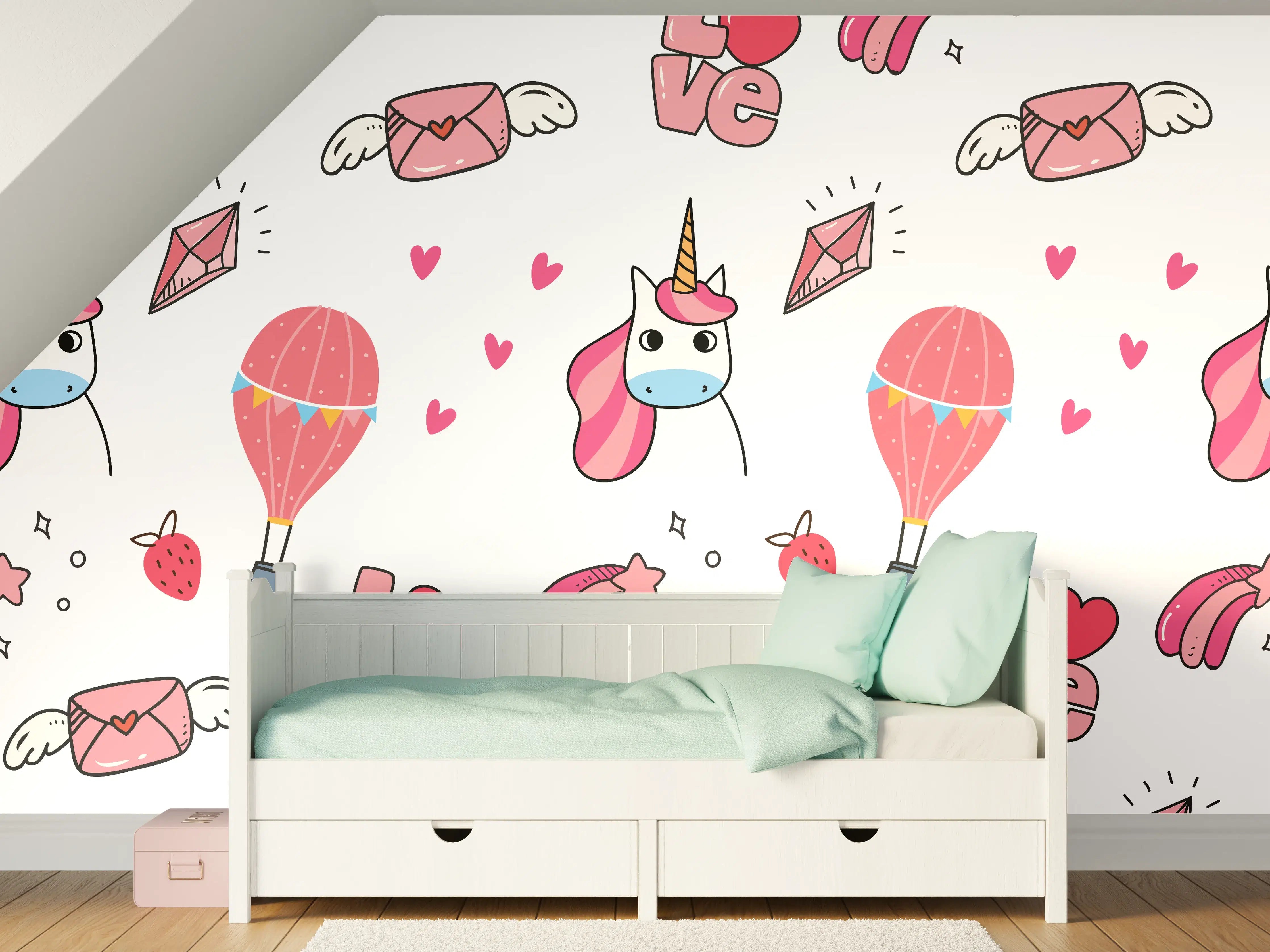 Kinderzimmer Wandgestaltung - Buntes Einhorn & Liebe Muster