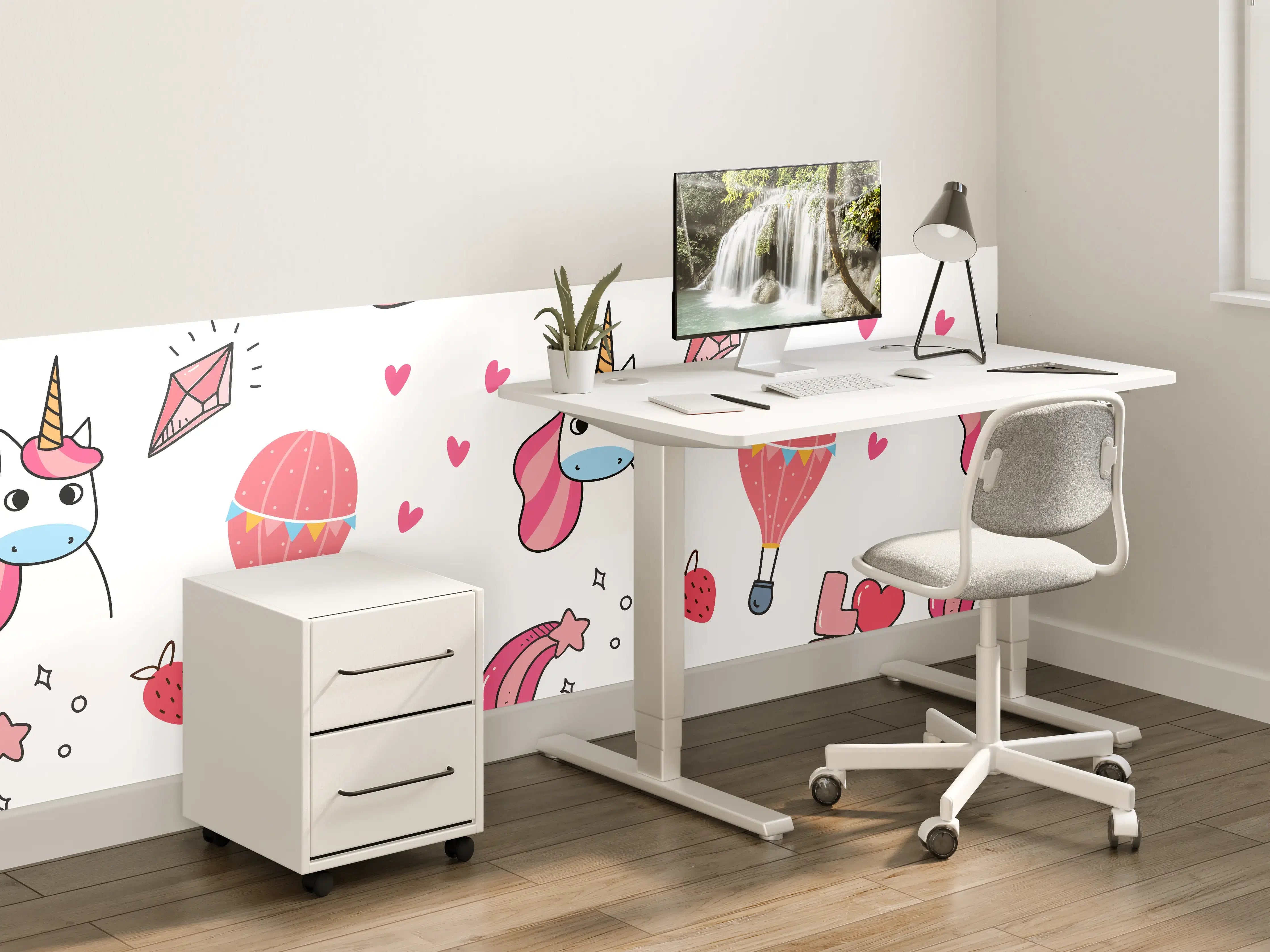 Kinderzimmer Wandgestaltung - Buntes Einhorn & Liebe Muster