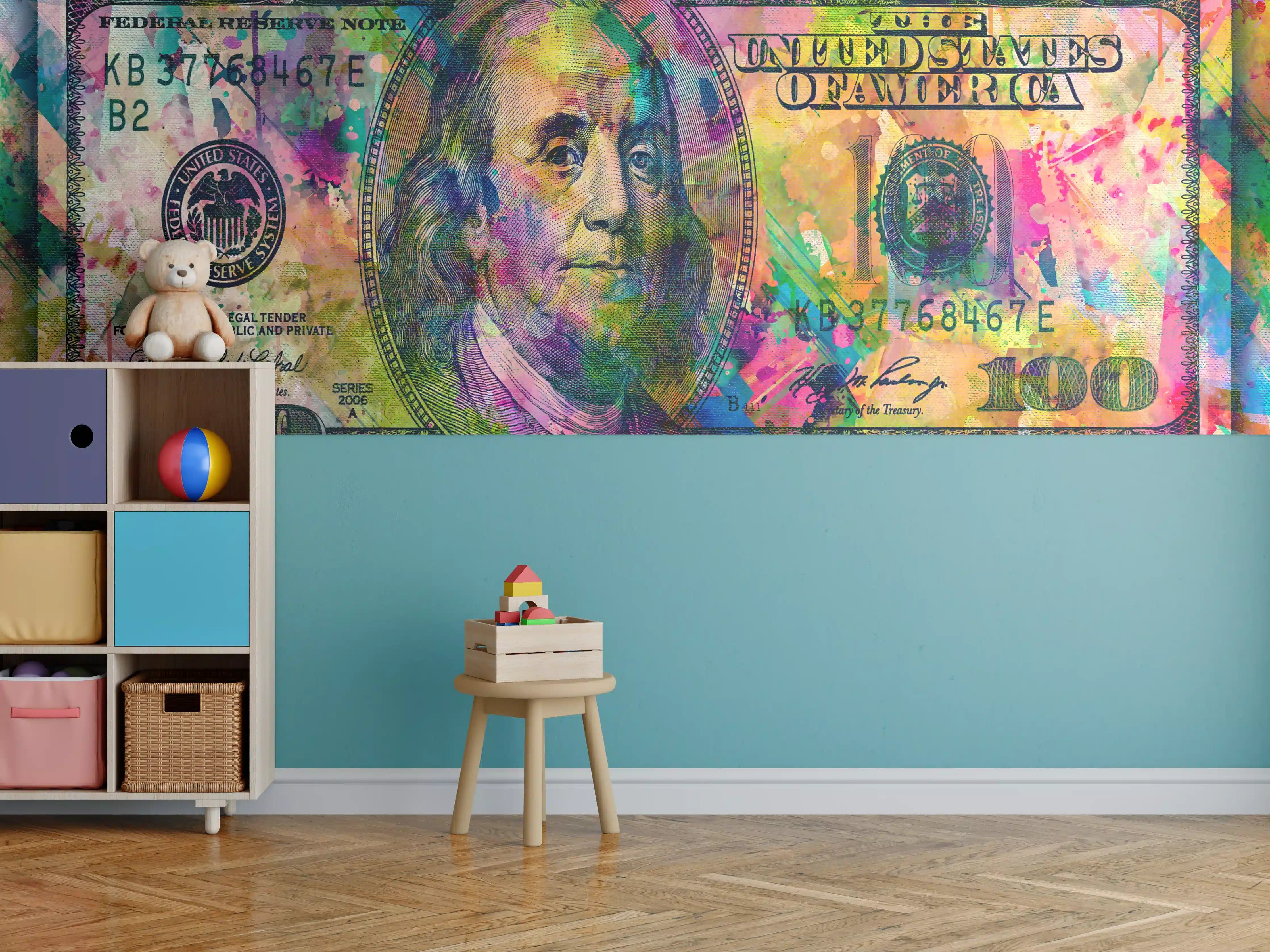 Kinderzimmer Wandgestaltung - Buntes Geld-Kunstwerk-Leinwandbild