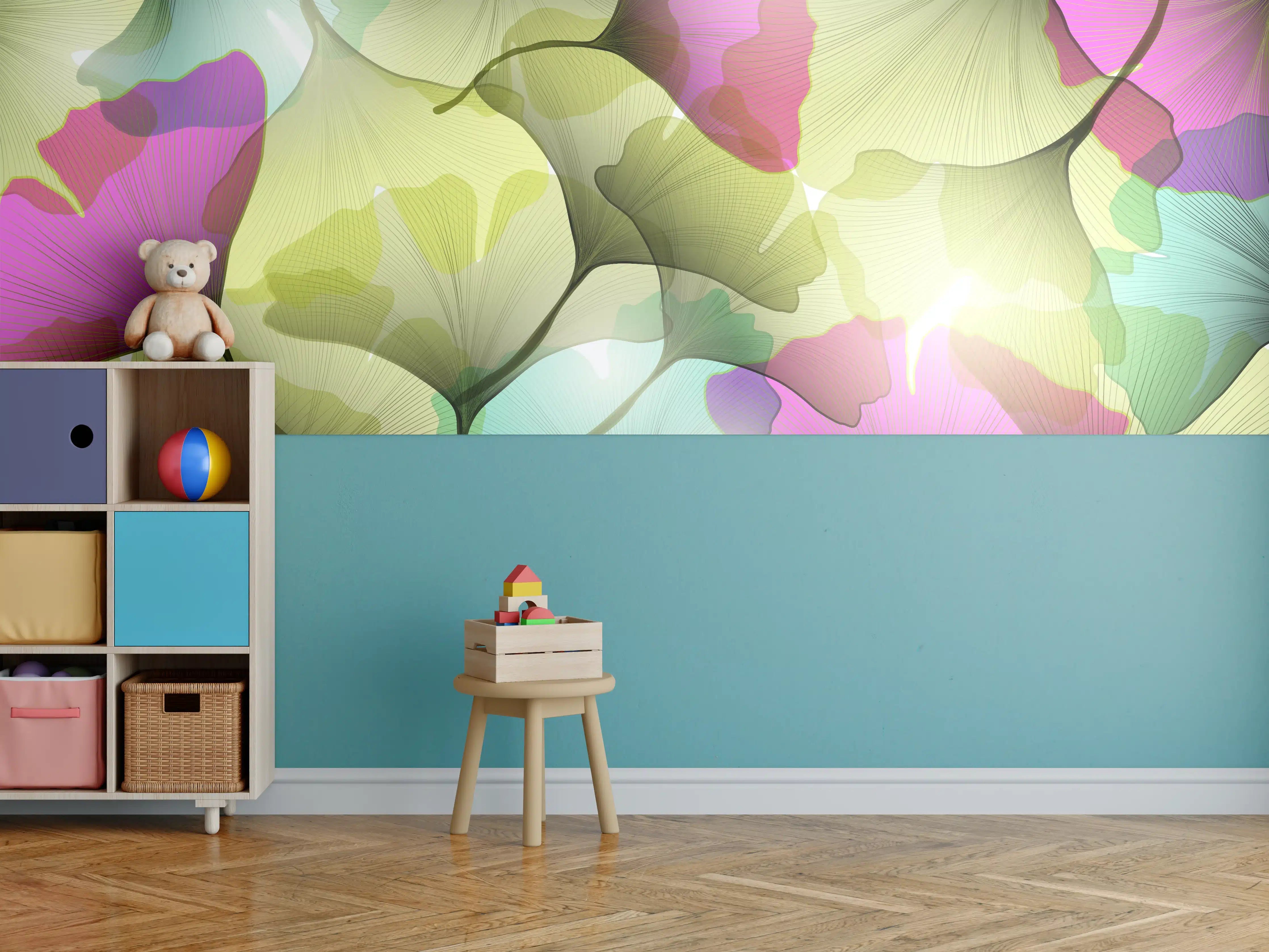 Kinderzimmer Wandgestaltung - Buntes Ginkgo Blätter Design