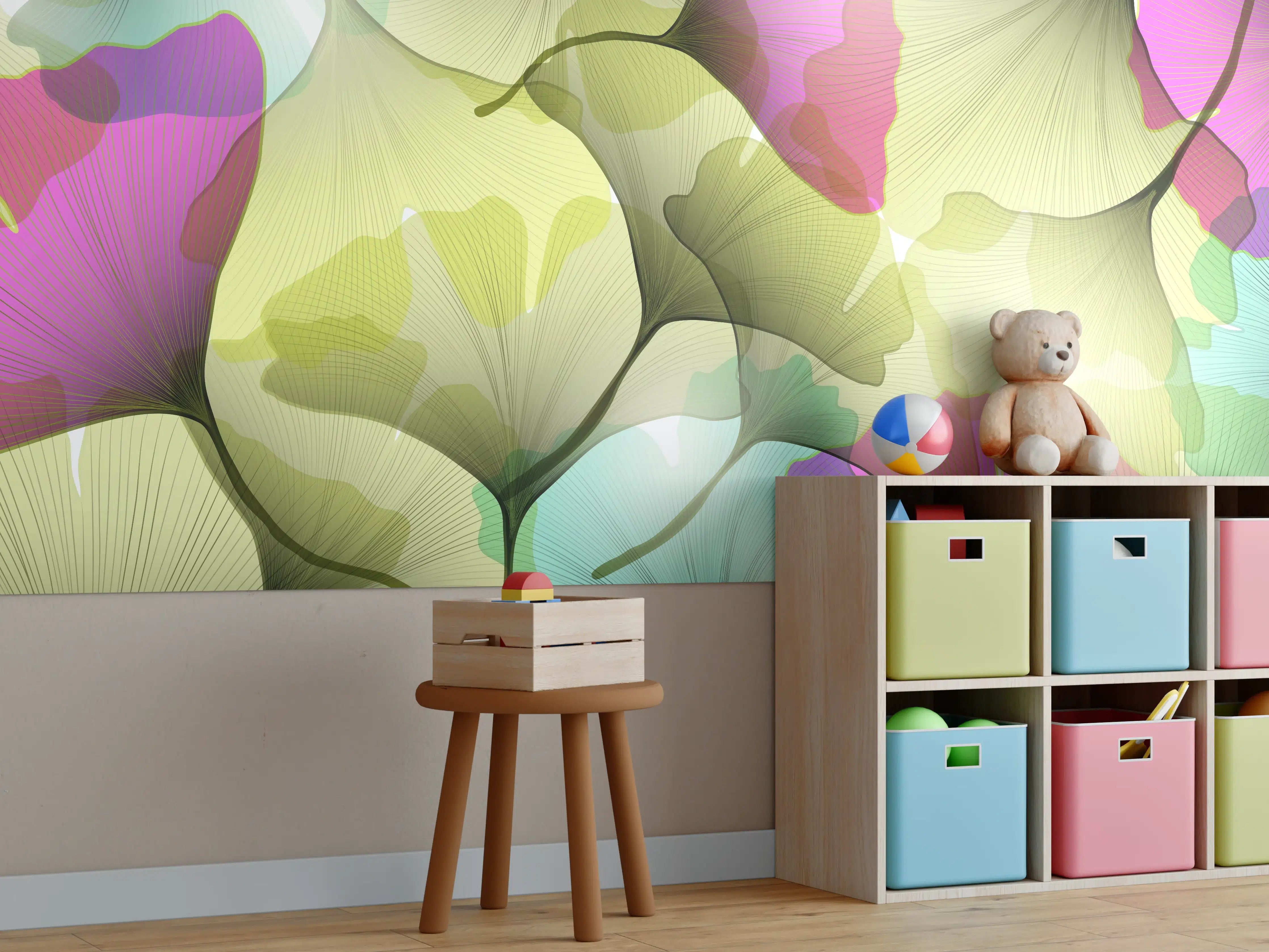 Kinderzimmer Wandgestaltung - Buntes Ginkgo Blätter Design