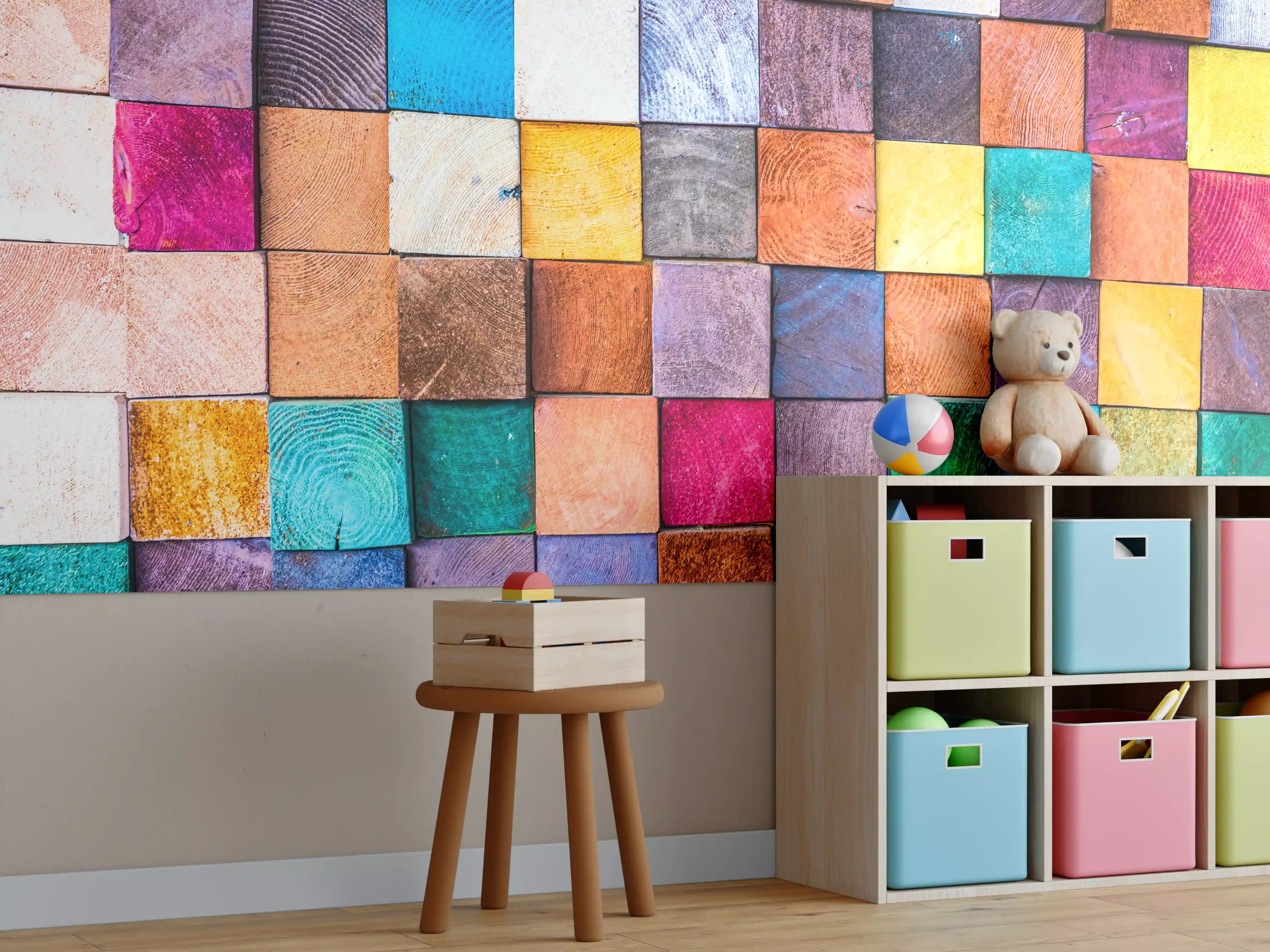 Kinderzimmer Wandgestaltung - Buntes Holzstapelmuster
