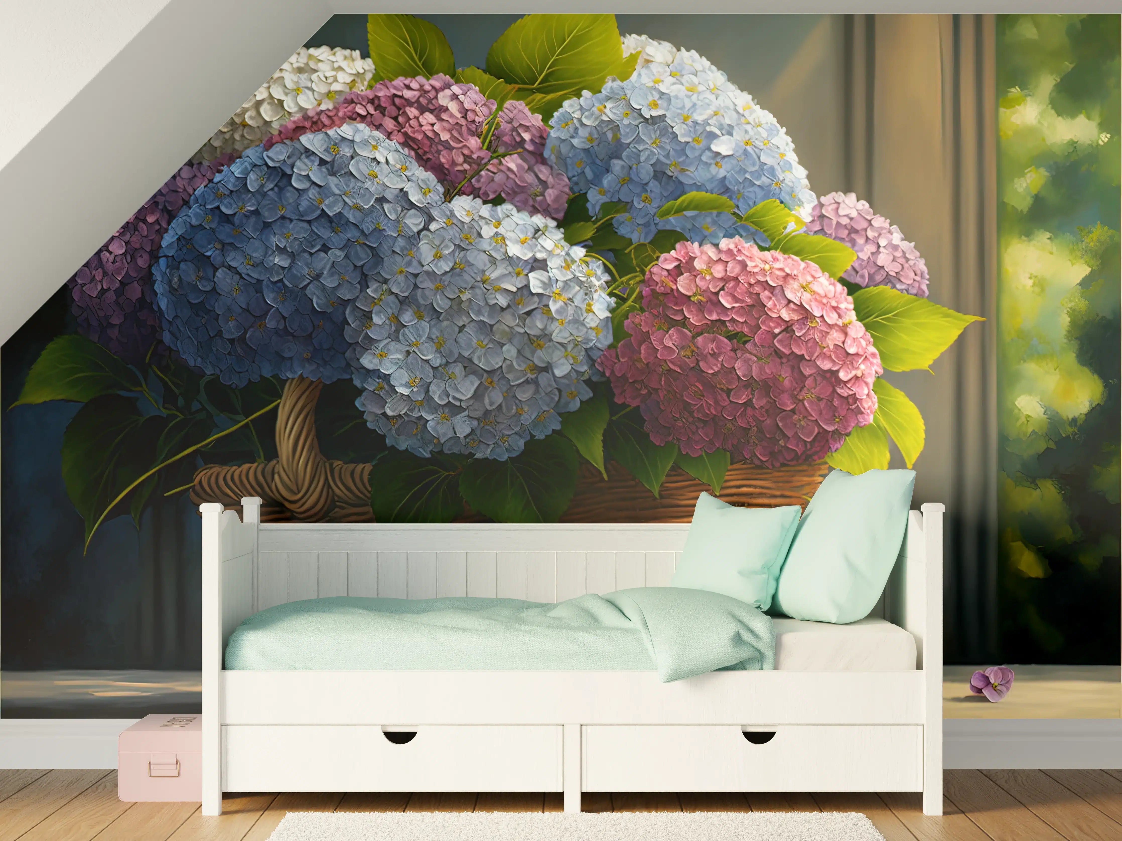 Kinderzimmer Wandgestaltung - Buntes Hortensien Blumenarrangement