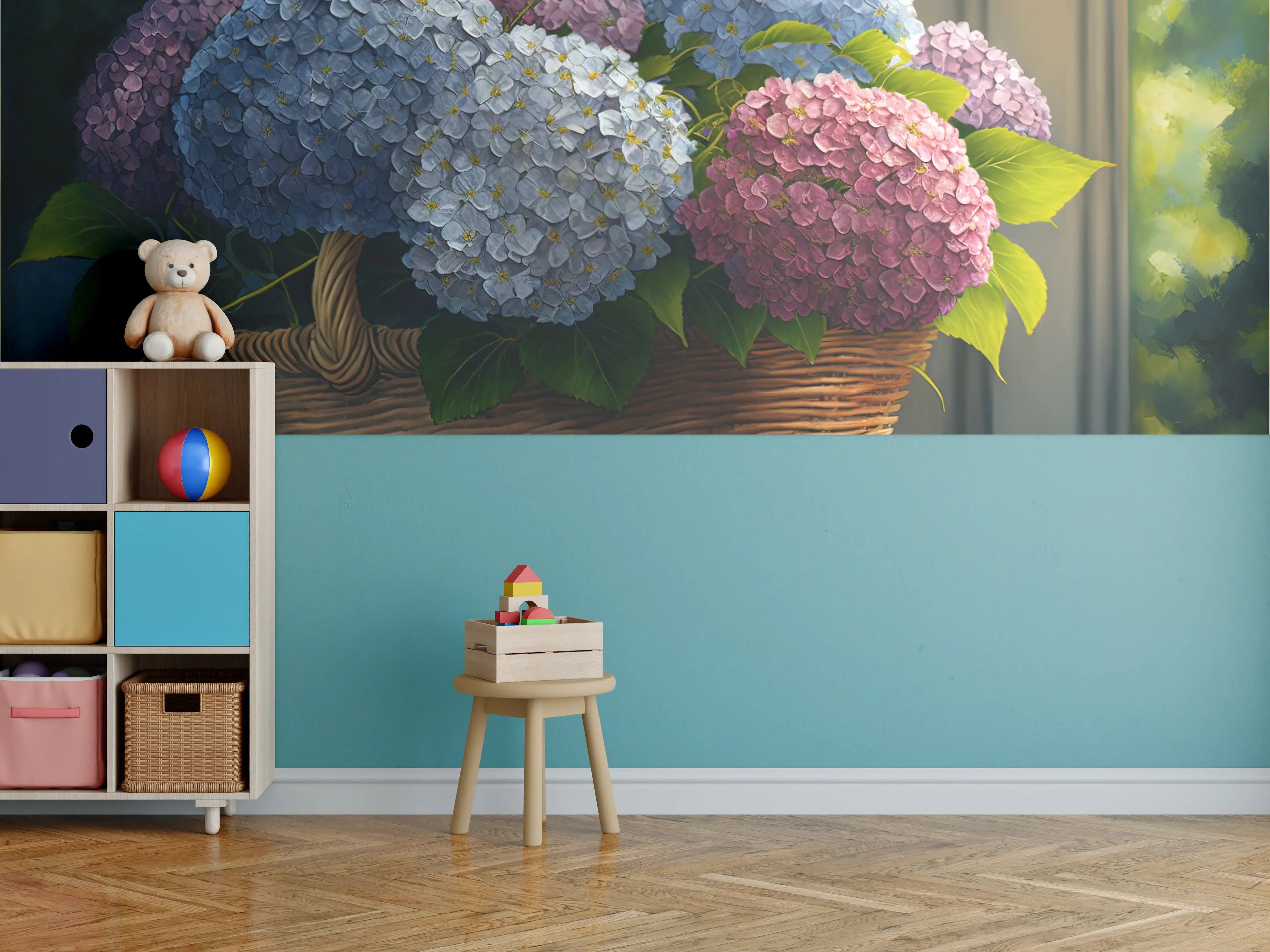 Kinderzimmer Wandgestaltung - Buntes Hortensien Blumenarrangement