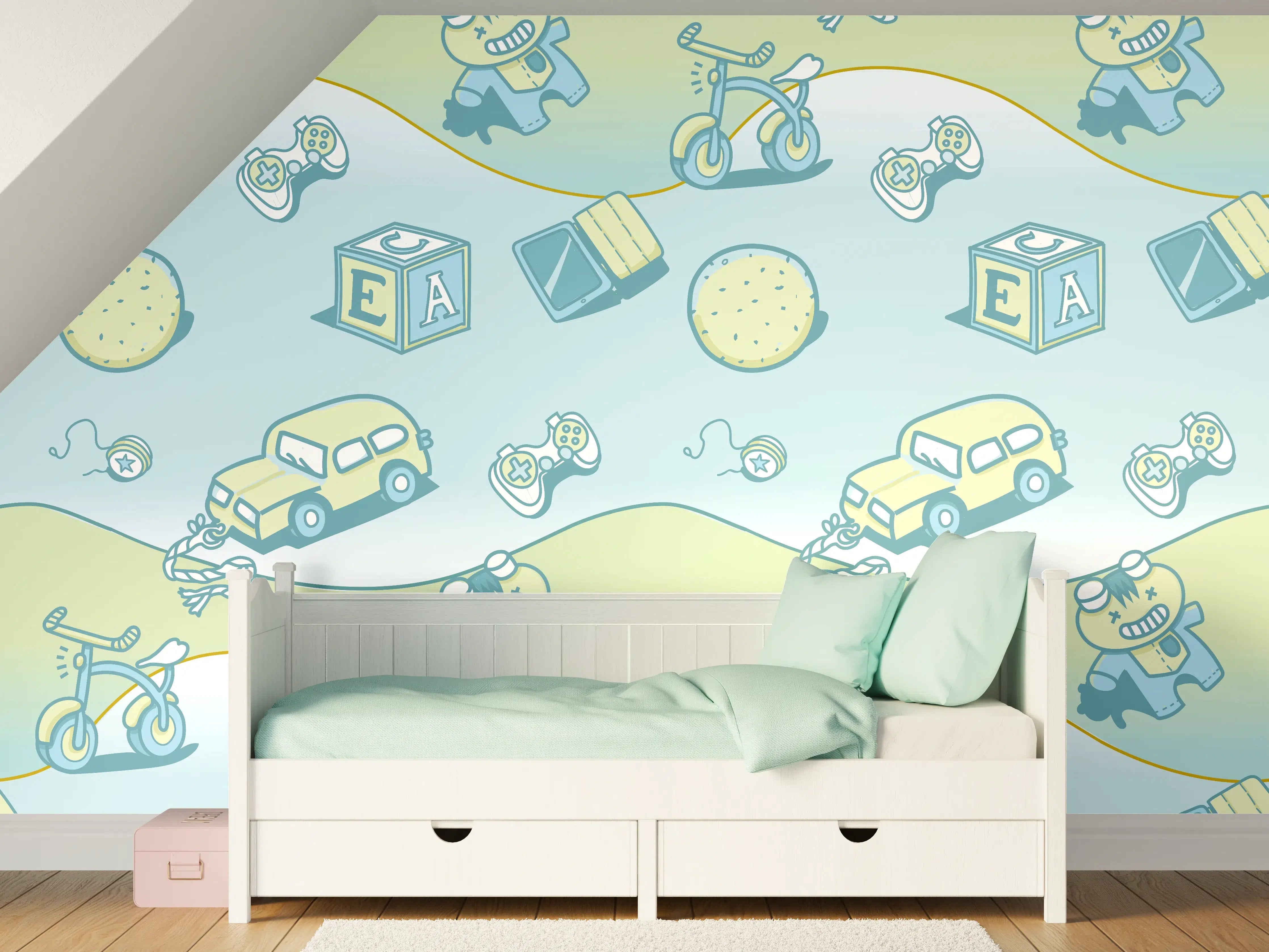 Kinderzimmer Wandgestaltung - Buntes Kinder-Verkehrsmuster