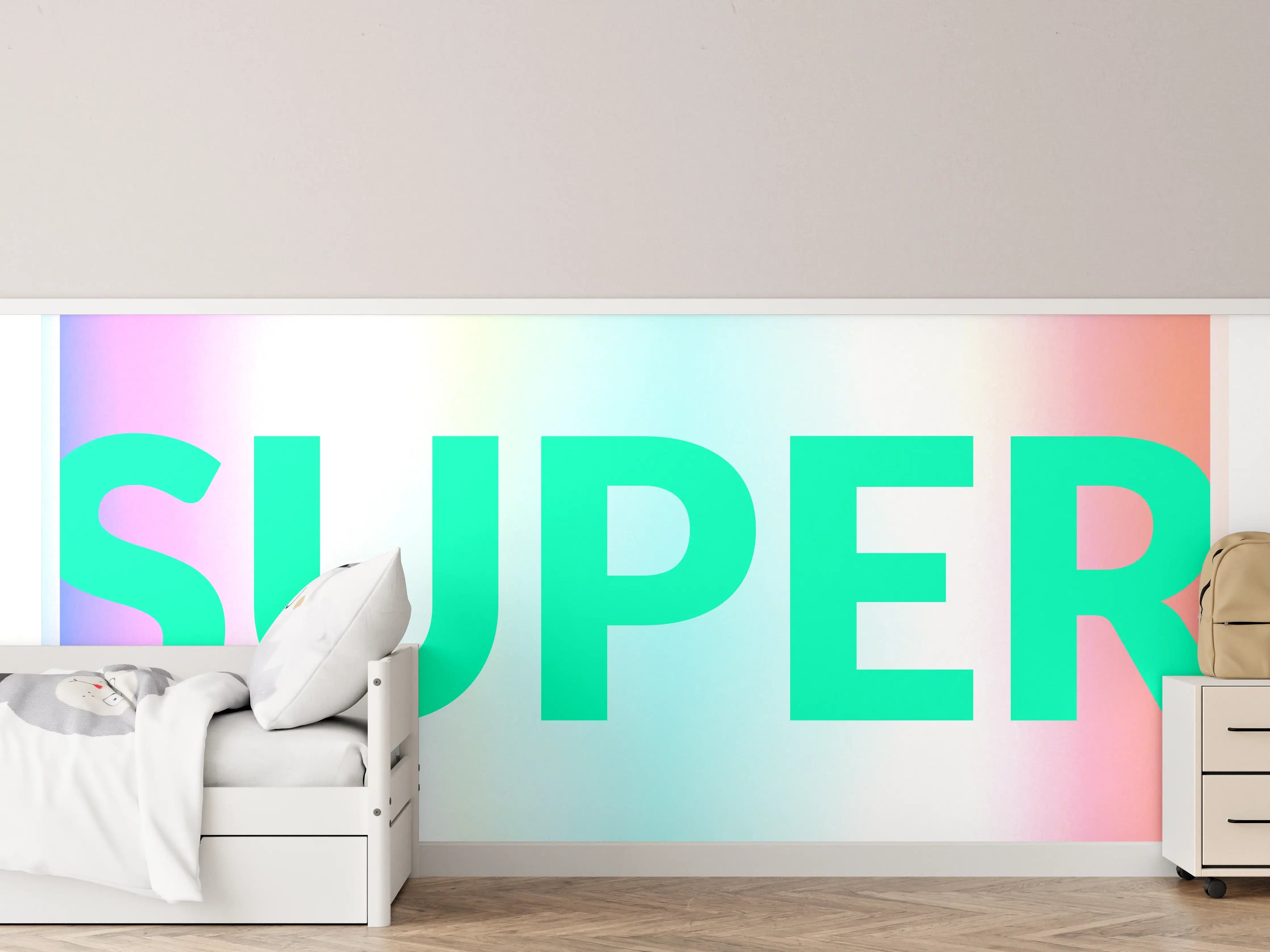 Kinderzimmer Wandgestaltung - Buntes Leuchten 'SUPER' Grafikdesign