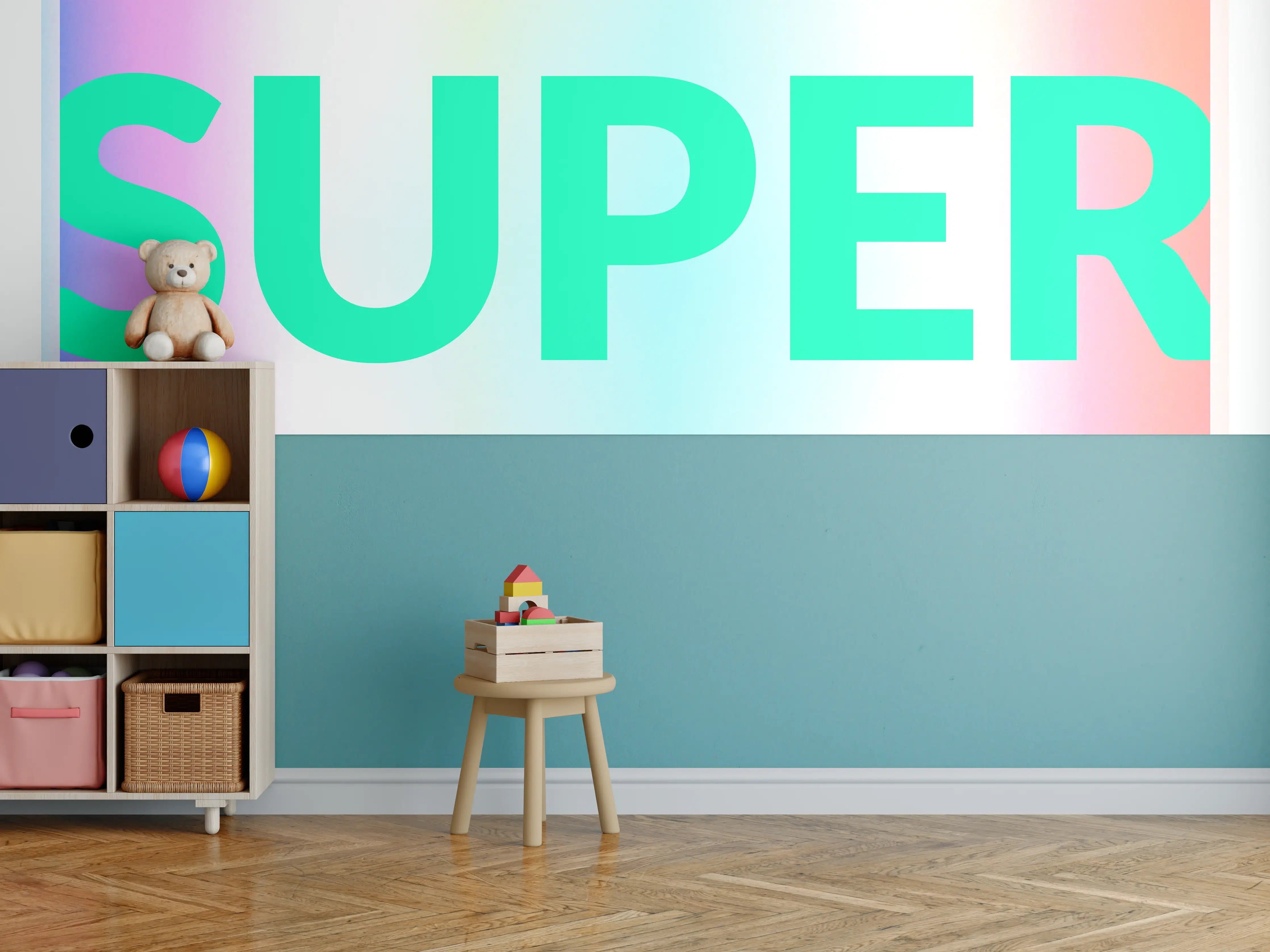 Kinderzimmer Wandgestaltung - Buntes Leuchten 'SUPER' Grafikdesign