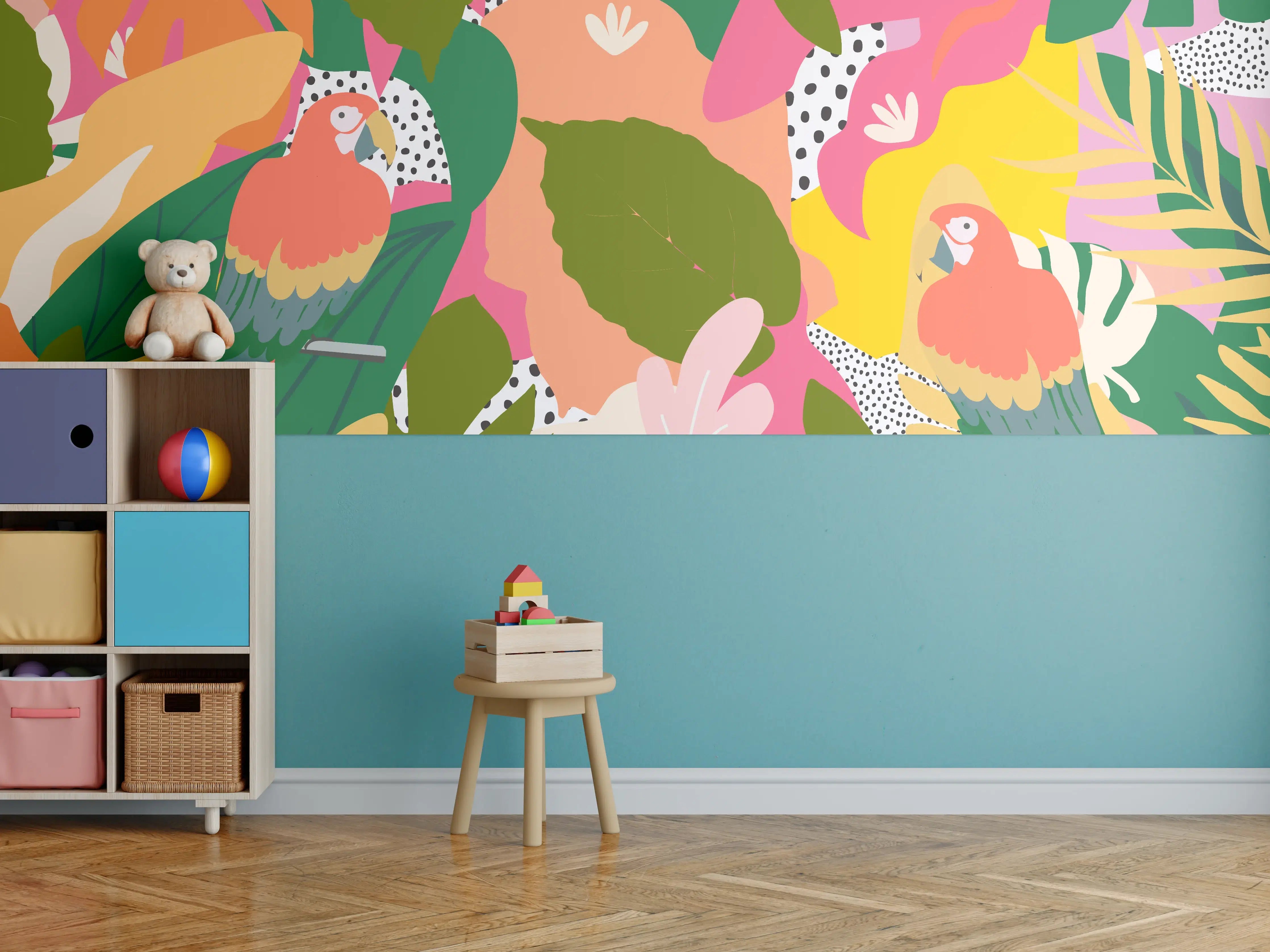 Kinderzimmer Wandgestaltung - Buntes Papagei-Dschungelmuster
