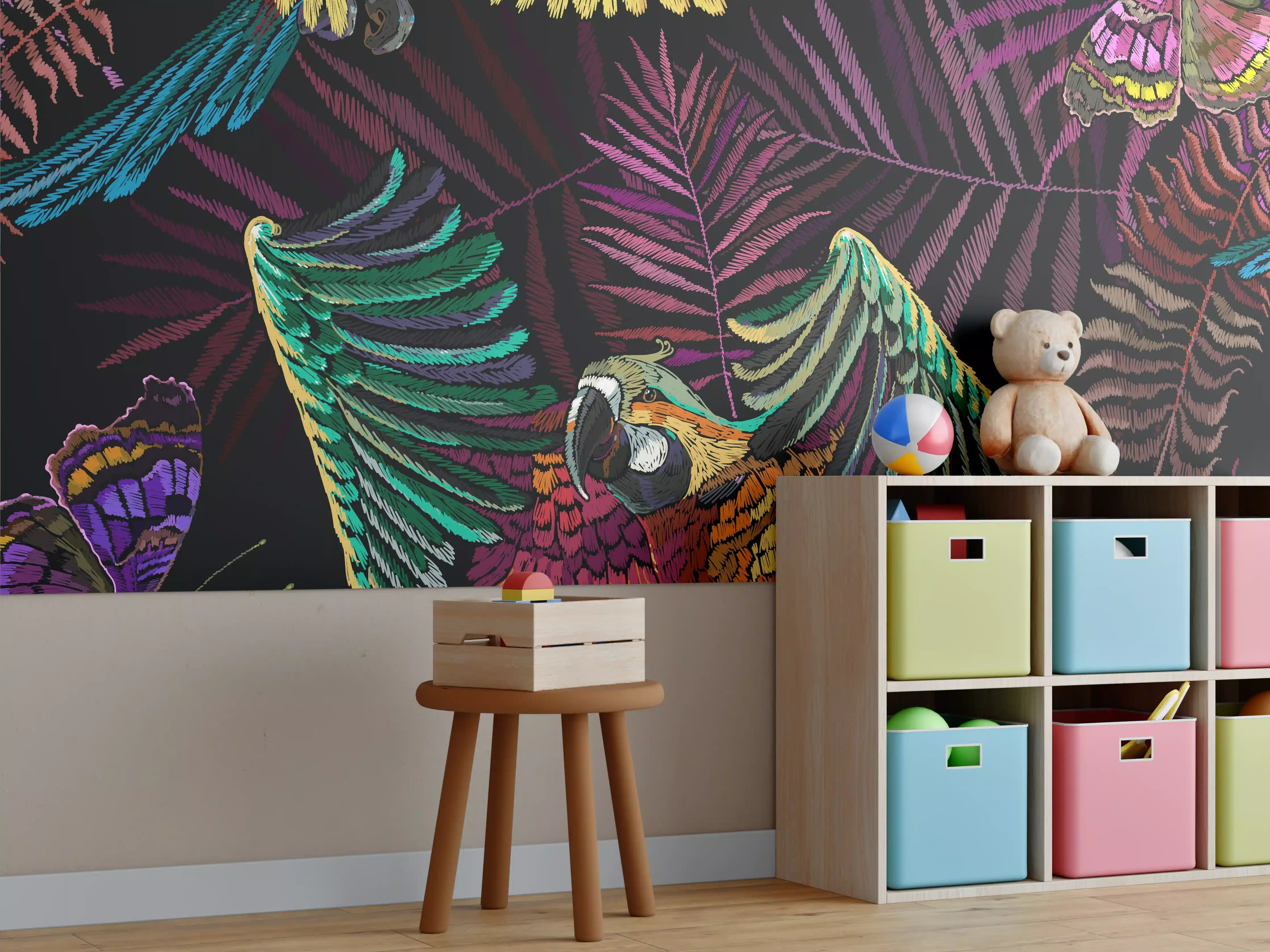 Kinderzimmer Wandgestaltung - Buntes Papageien-Muster