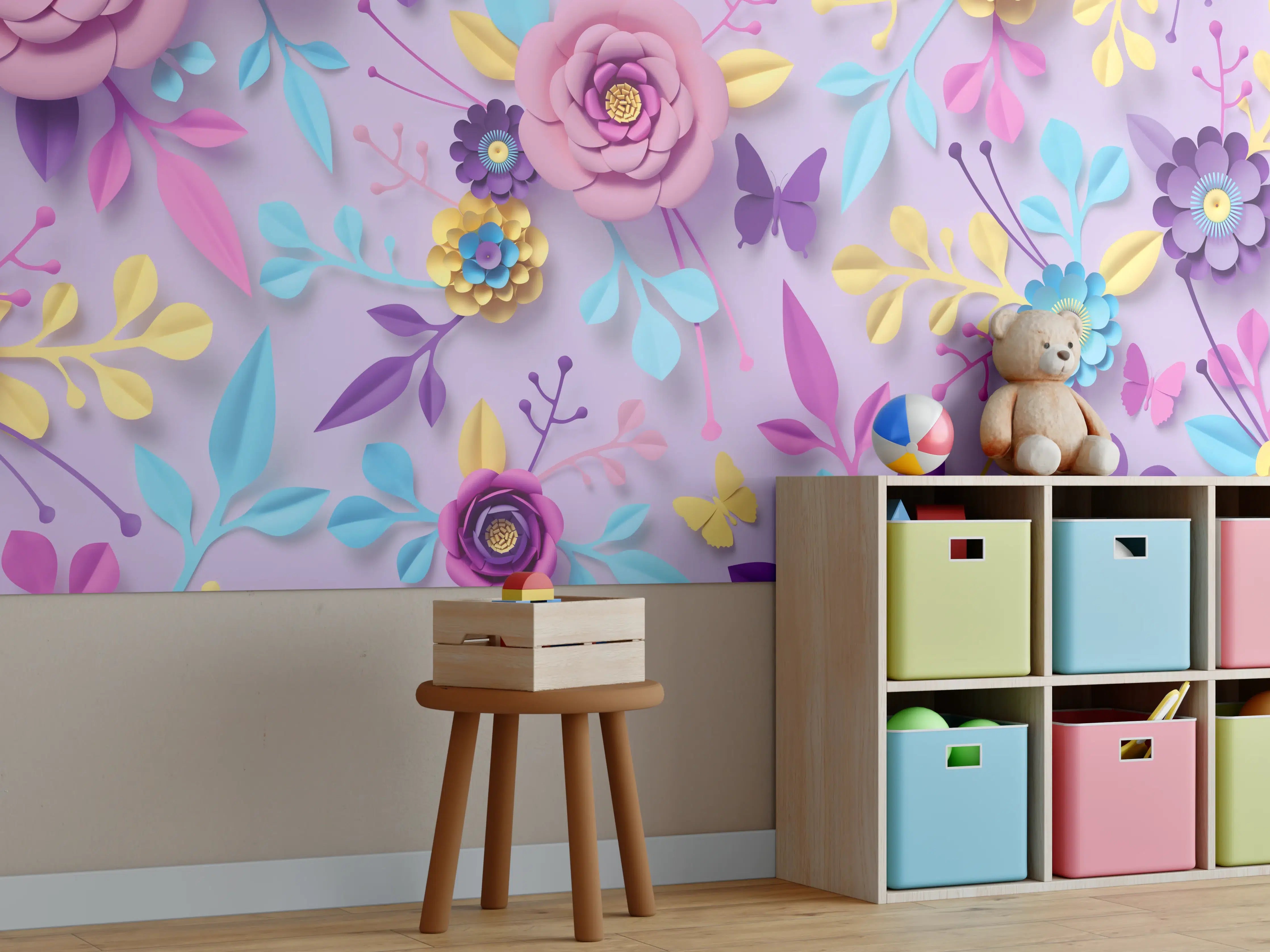Kinderzimmer Wandgestaltung - Buntes Papierblumen-Wandbild