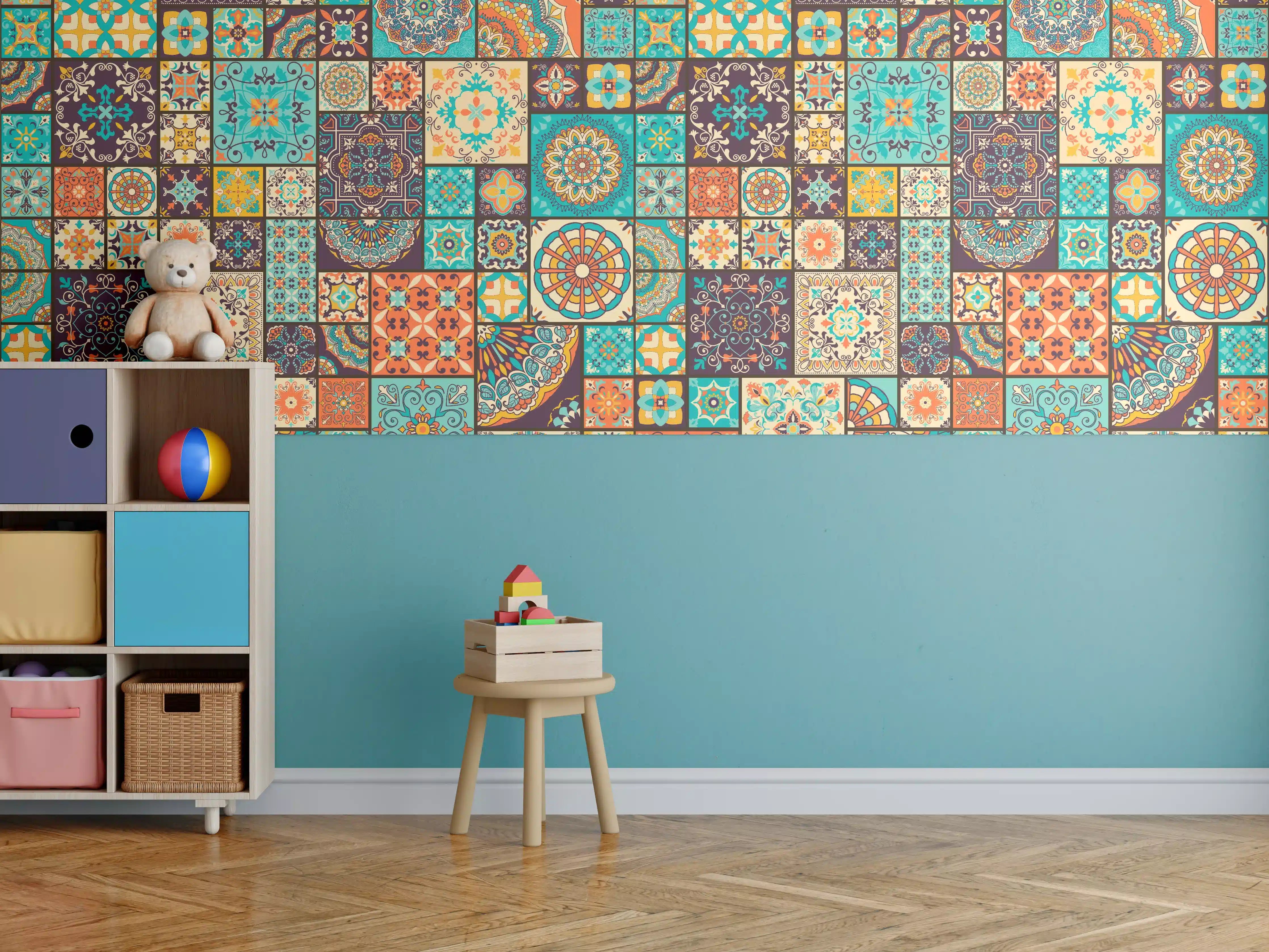 Kinderzimmer Wandgestaltung - Buntes Patchwork Fliesenmuster