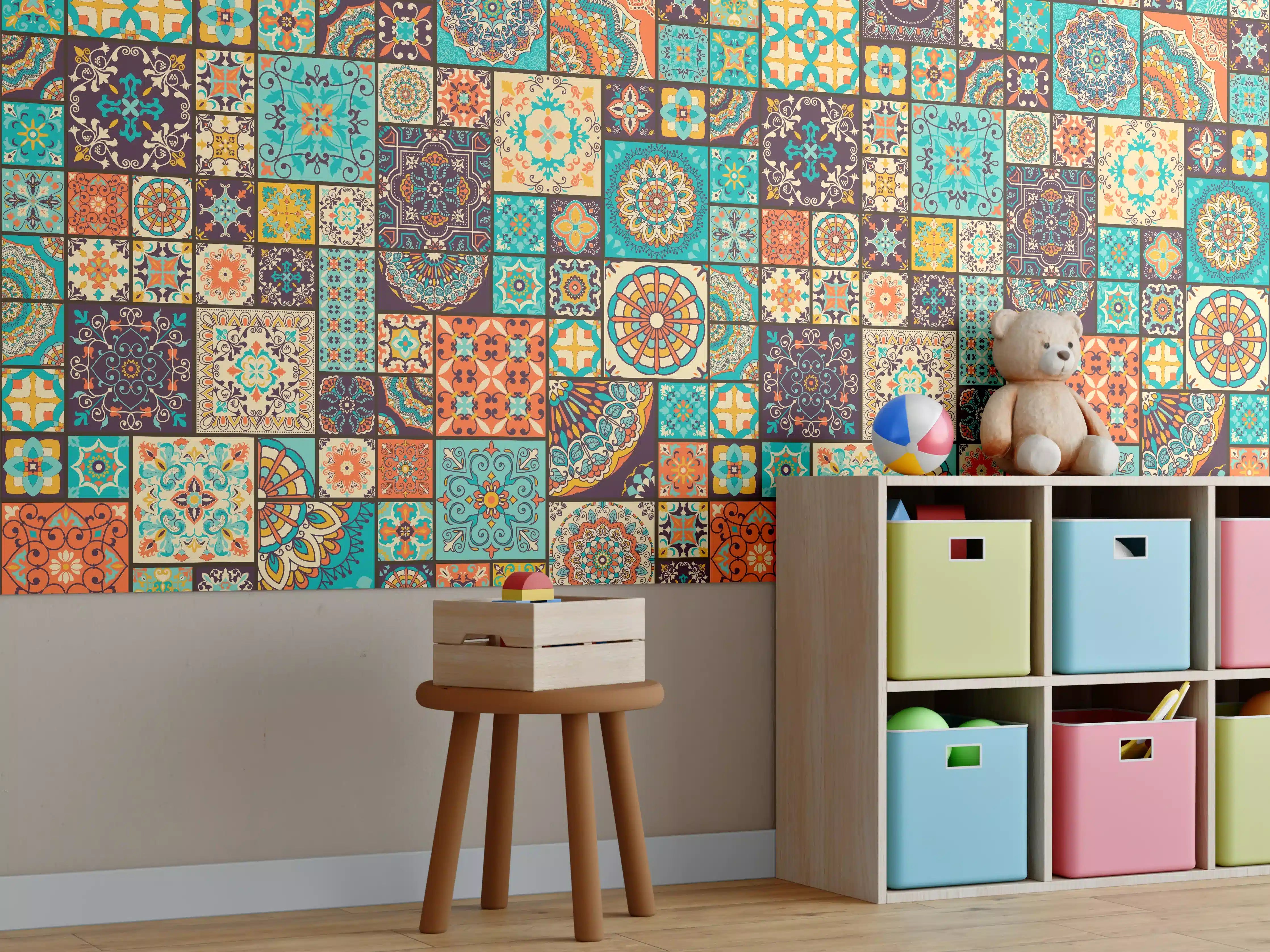 Kinderzimmer Wandgestaltung - Buntes Patchwork Fliesenmuster