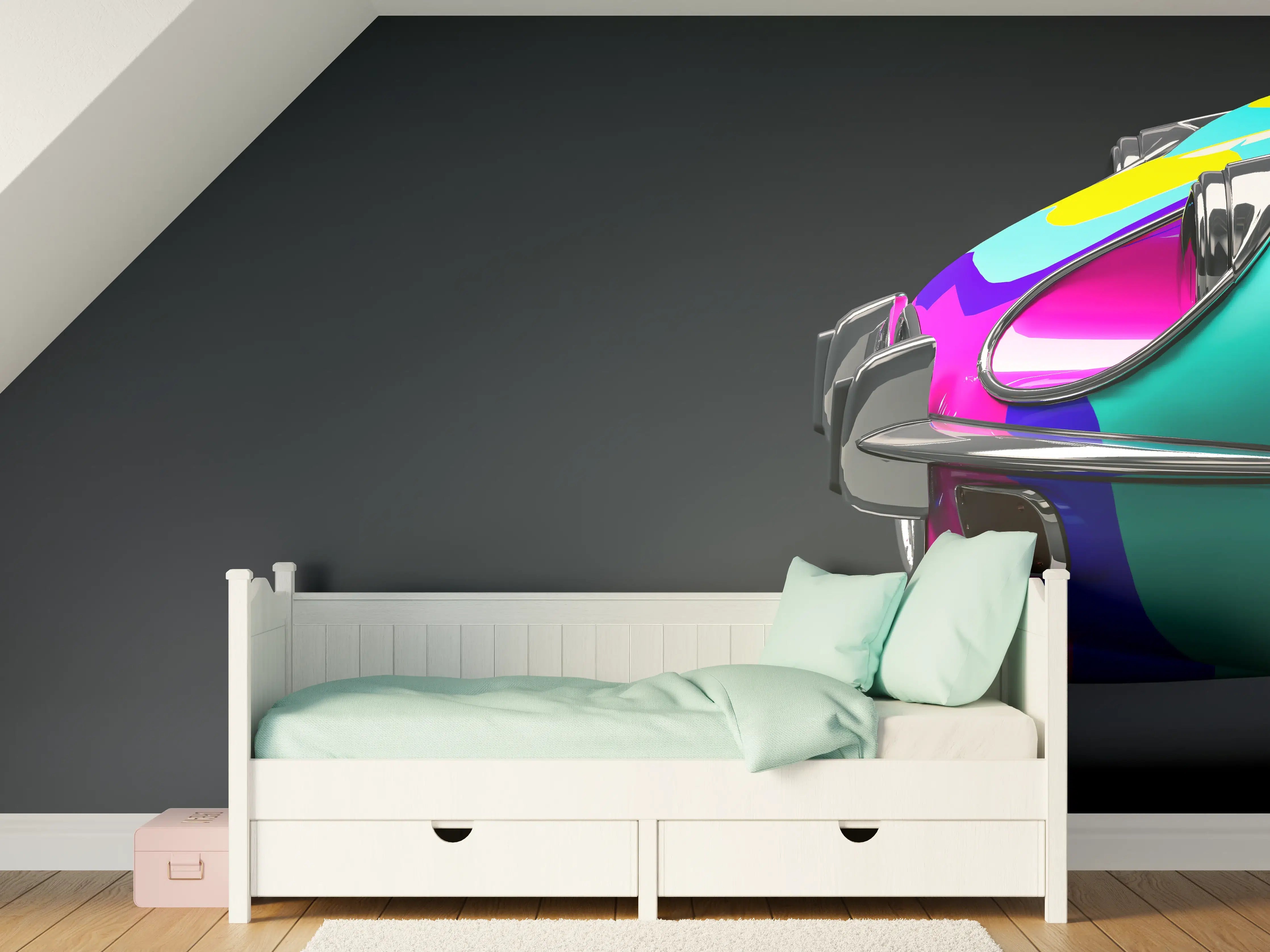 Kinderzimmer Wandgestaltung - Buntes Retro Auto 3D