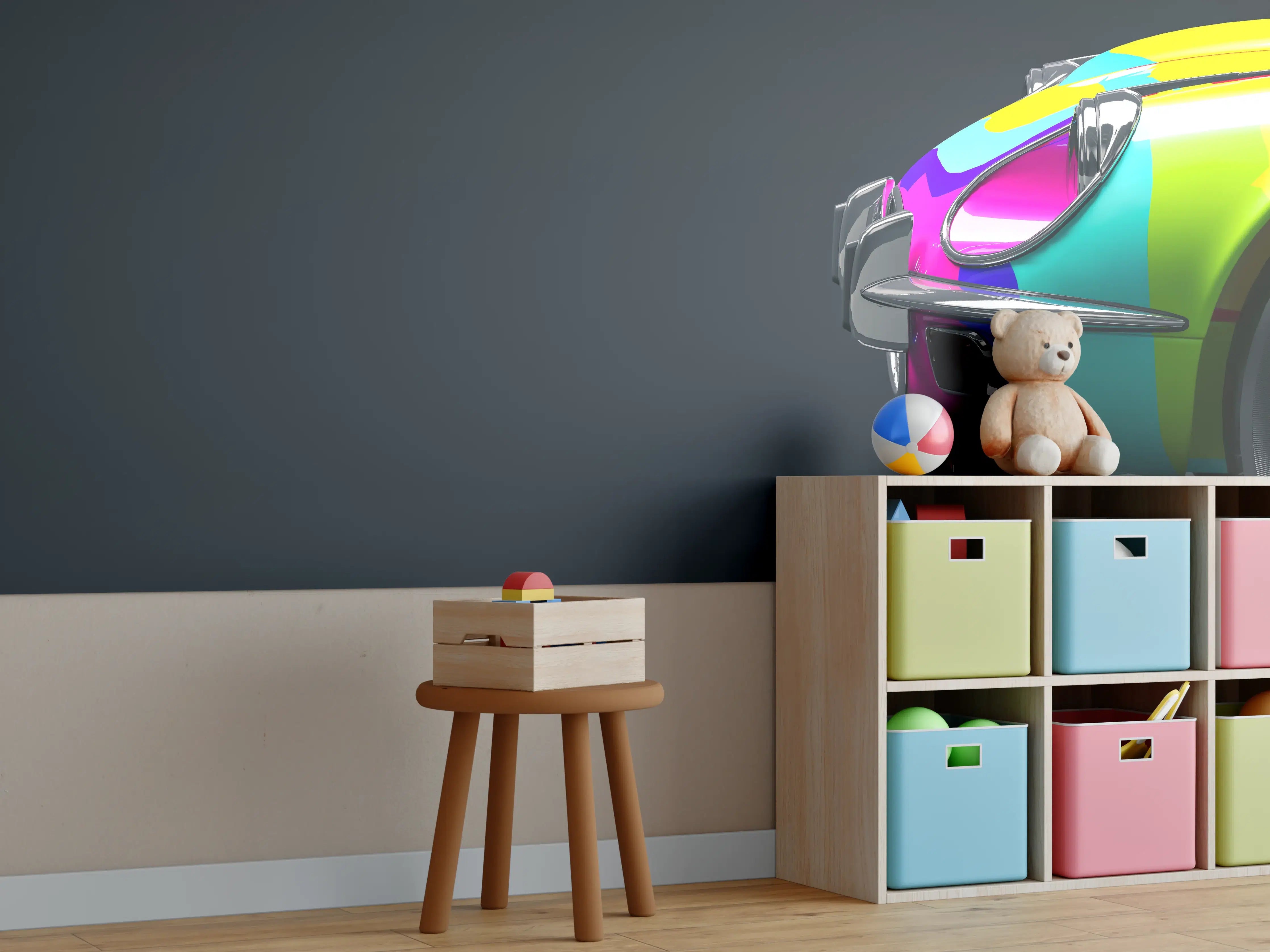 Kinderzimmer Wandgestaltung - Buntes Retro Auto 3D
