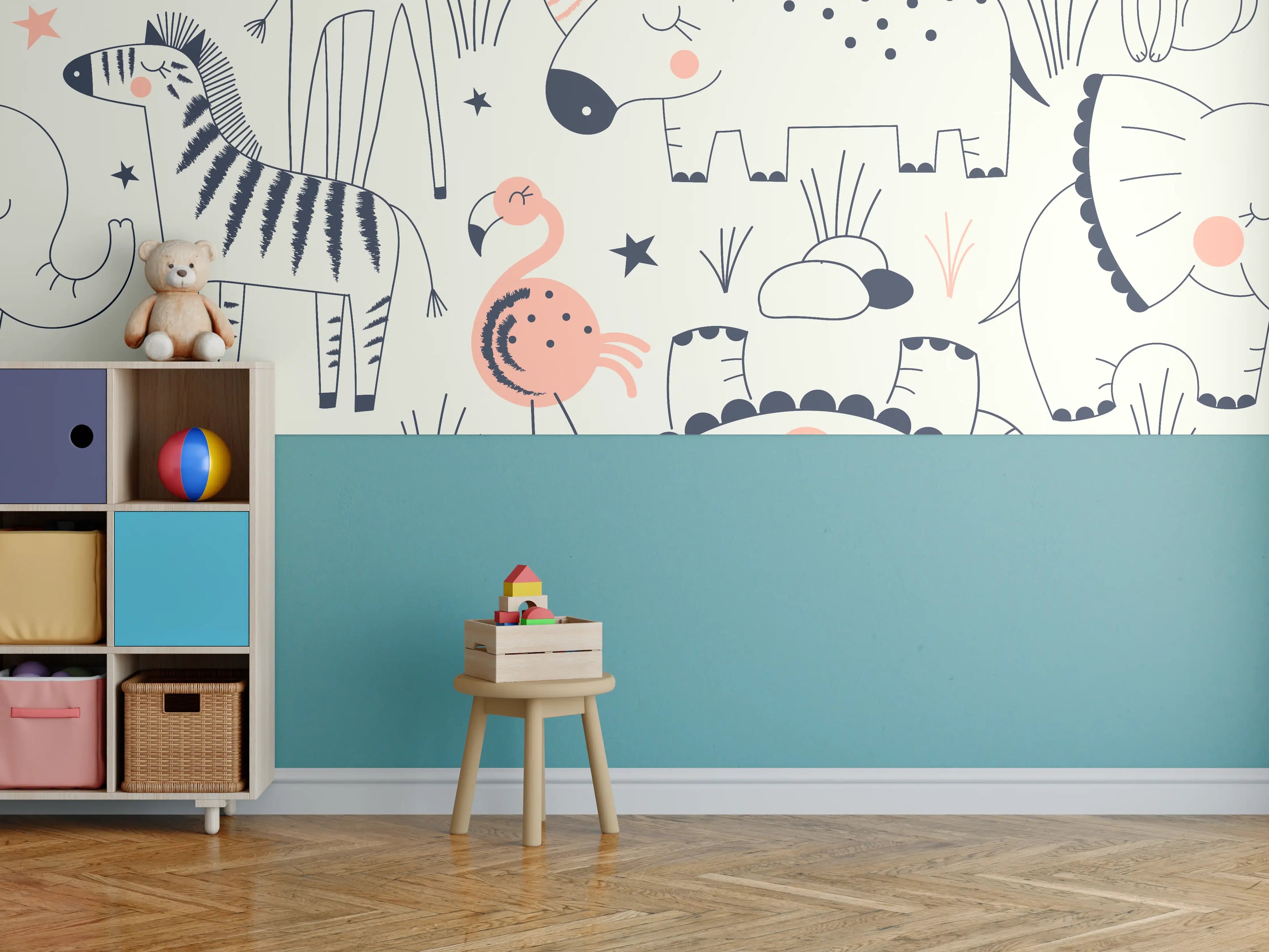 Kinderzimmer Wandgestaltung - Buntes Tiermuster Print