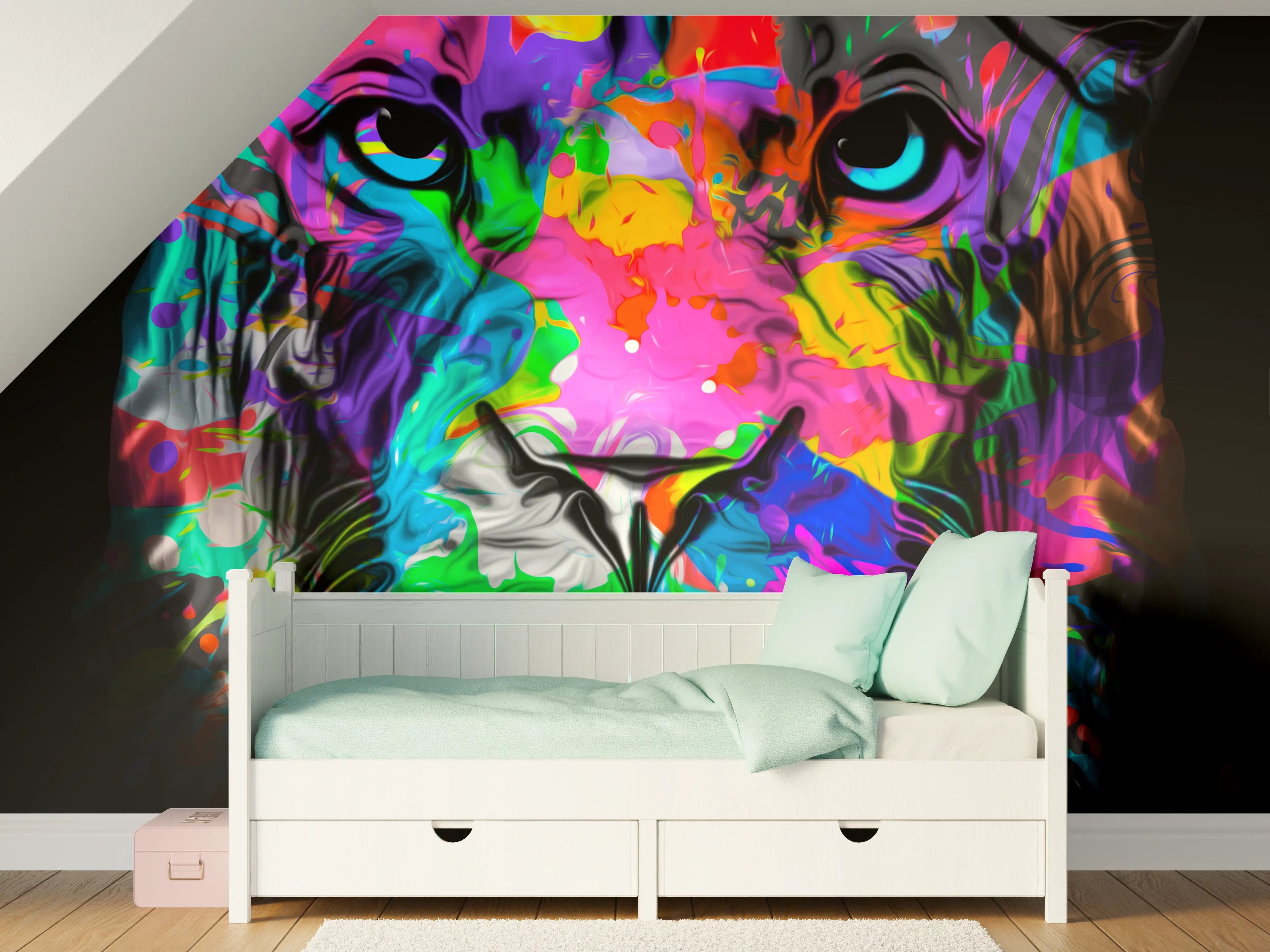 Kinderzimmer Wandgestaltung - Buntes Tigerkopfdesign