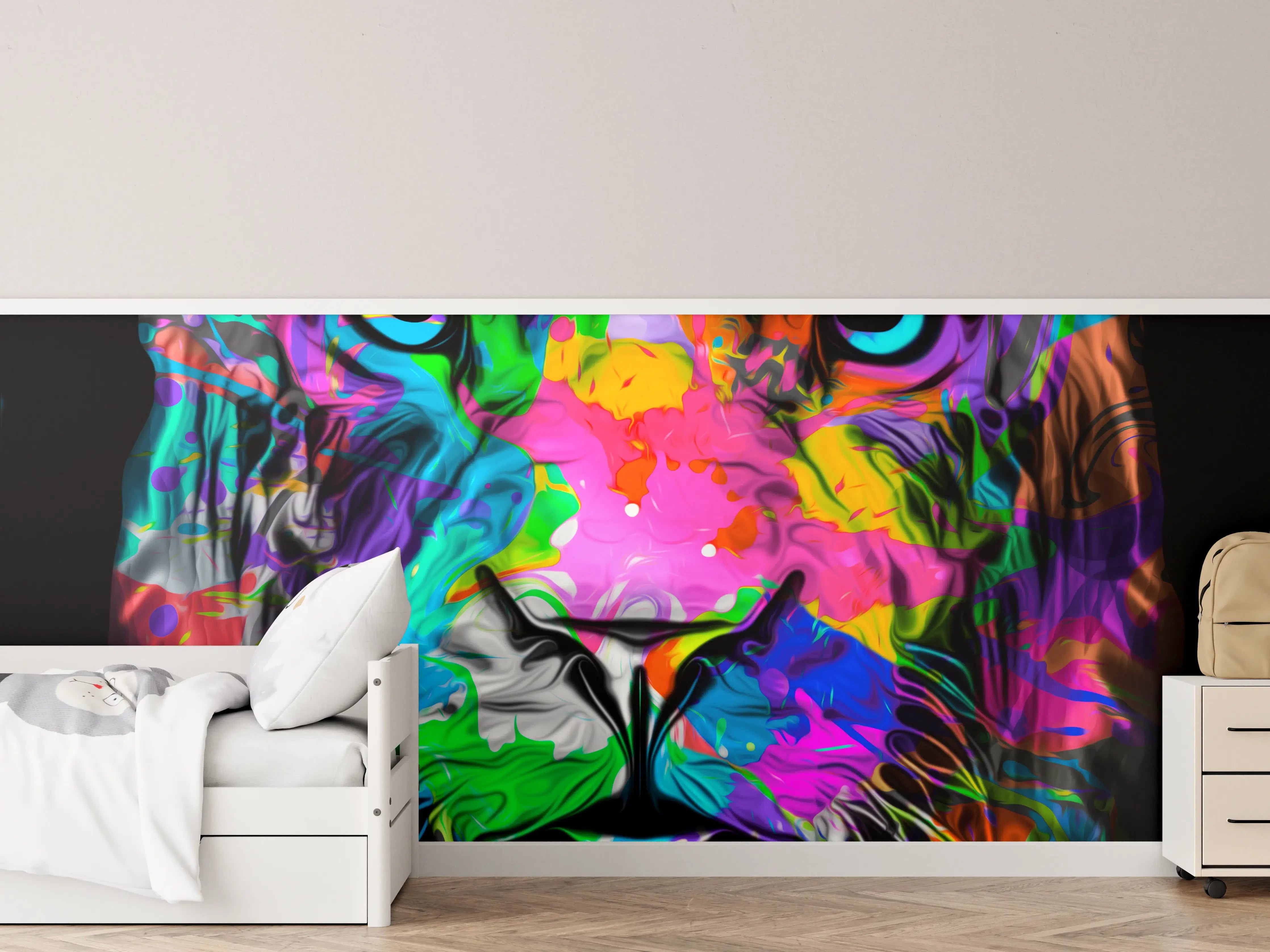 Kinderzimmer Wandgestaltung - Buntes Tigerkopfdesign